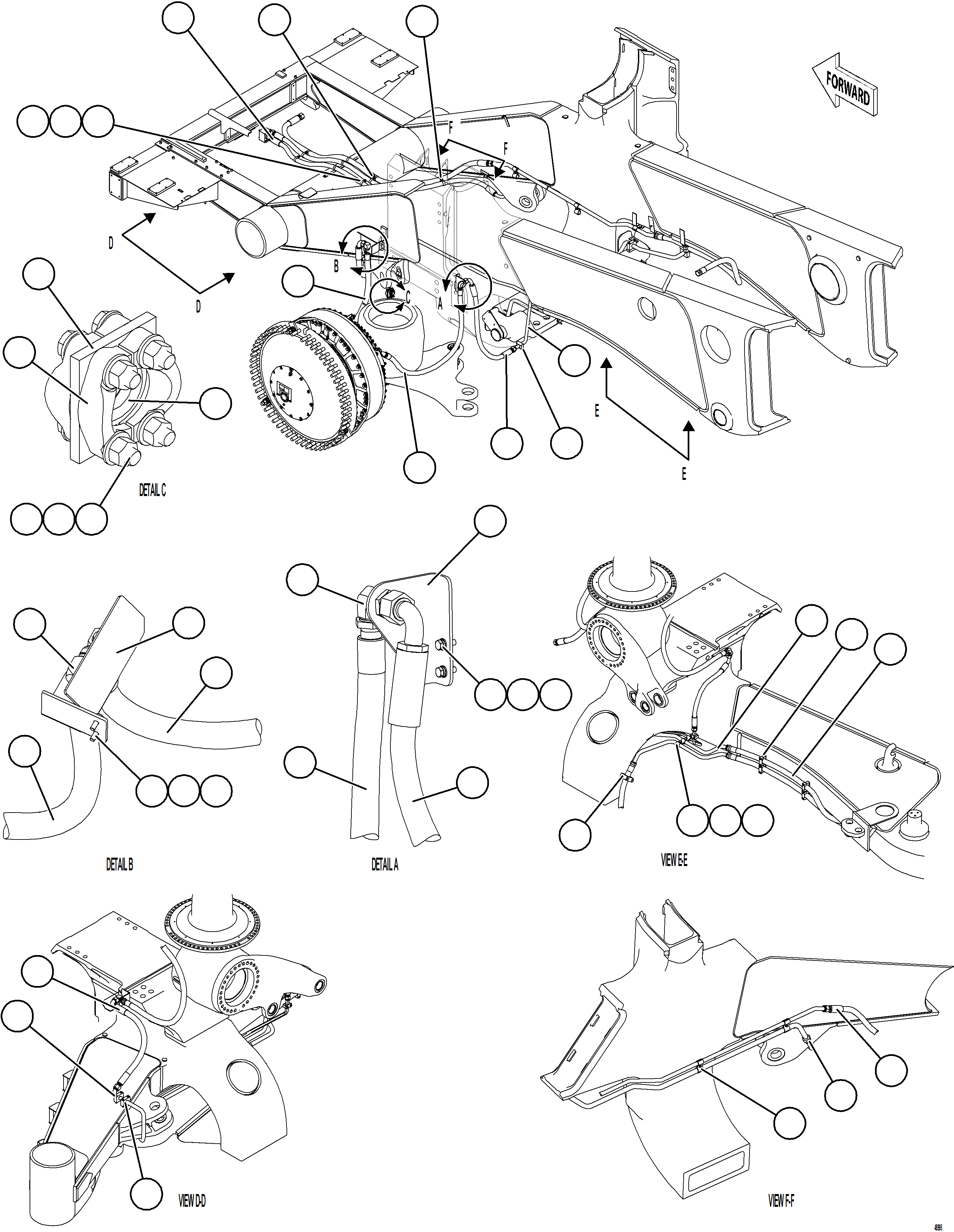 Komatsu parts book diagram for AFE75-BK 980E-5 S/N A50255 - A50256,A50257,A50260 - A50269,A50271 - A50273  KNA: BRAKE COOLING PIPING - LEFT FRONT