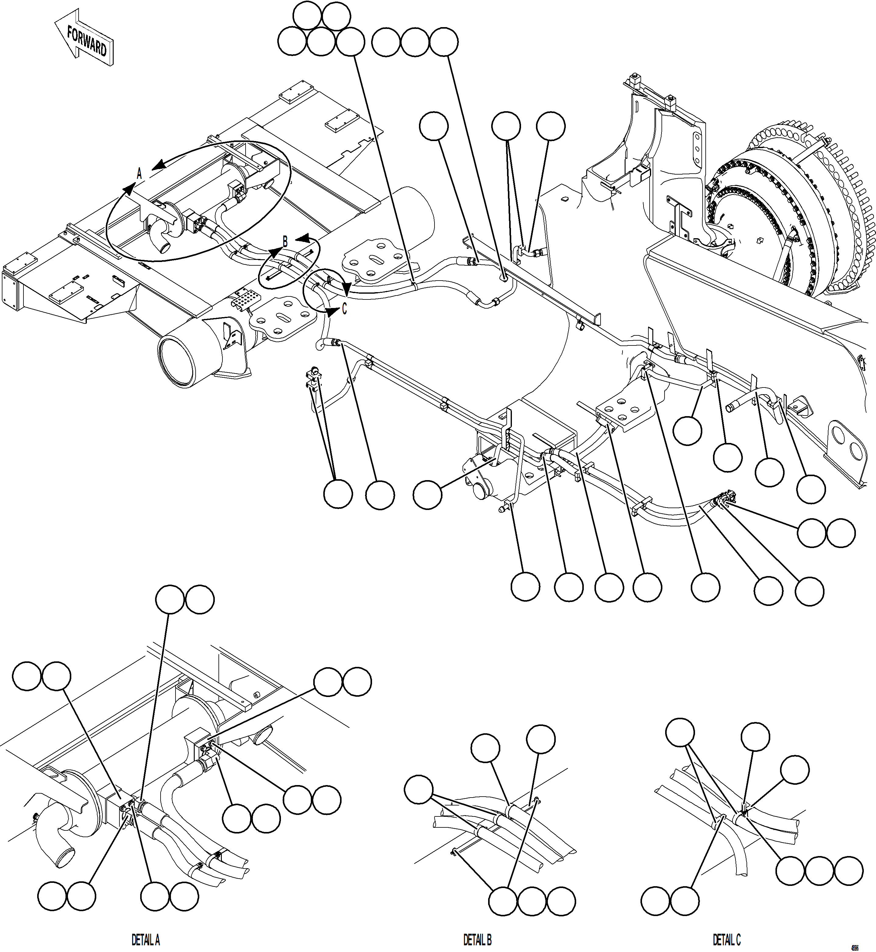 Komatsu parts book diagram for AFE75-BK 980E-5 S/N A50255 - A50256,A50257,A50260 - A50269,A50271 - A50273  KNA: BRAKE COOLING PIPING - RIGHT FRONT    1/2