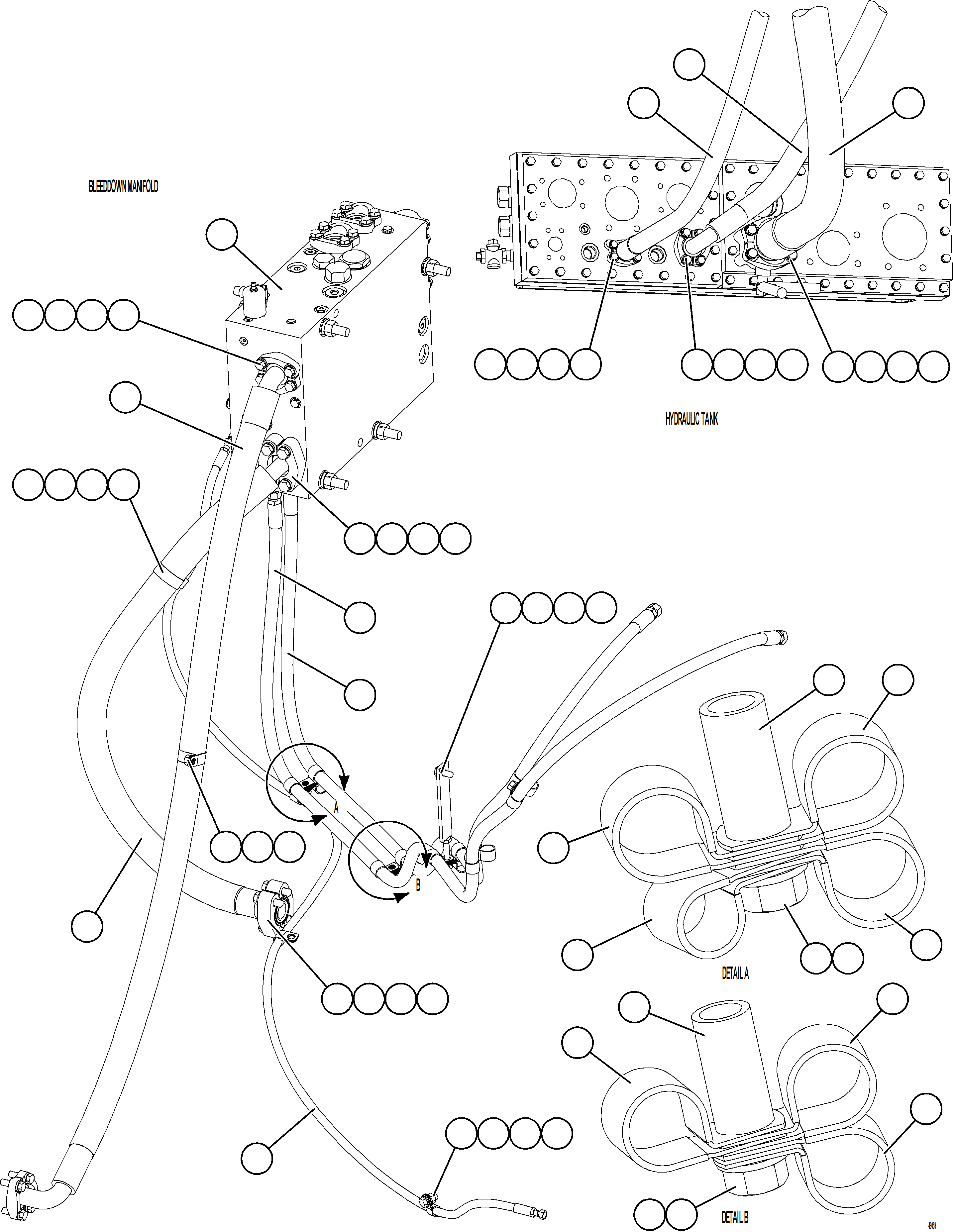 Komatsu parts book diagram for AFE75-BK 980E-5 S/N A50255 - A50256,A50257,A50260 - A50269,A50271 - A50273  KNA: STEERING BLEEDDOWN MANIFOLD PIPING    3/3