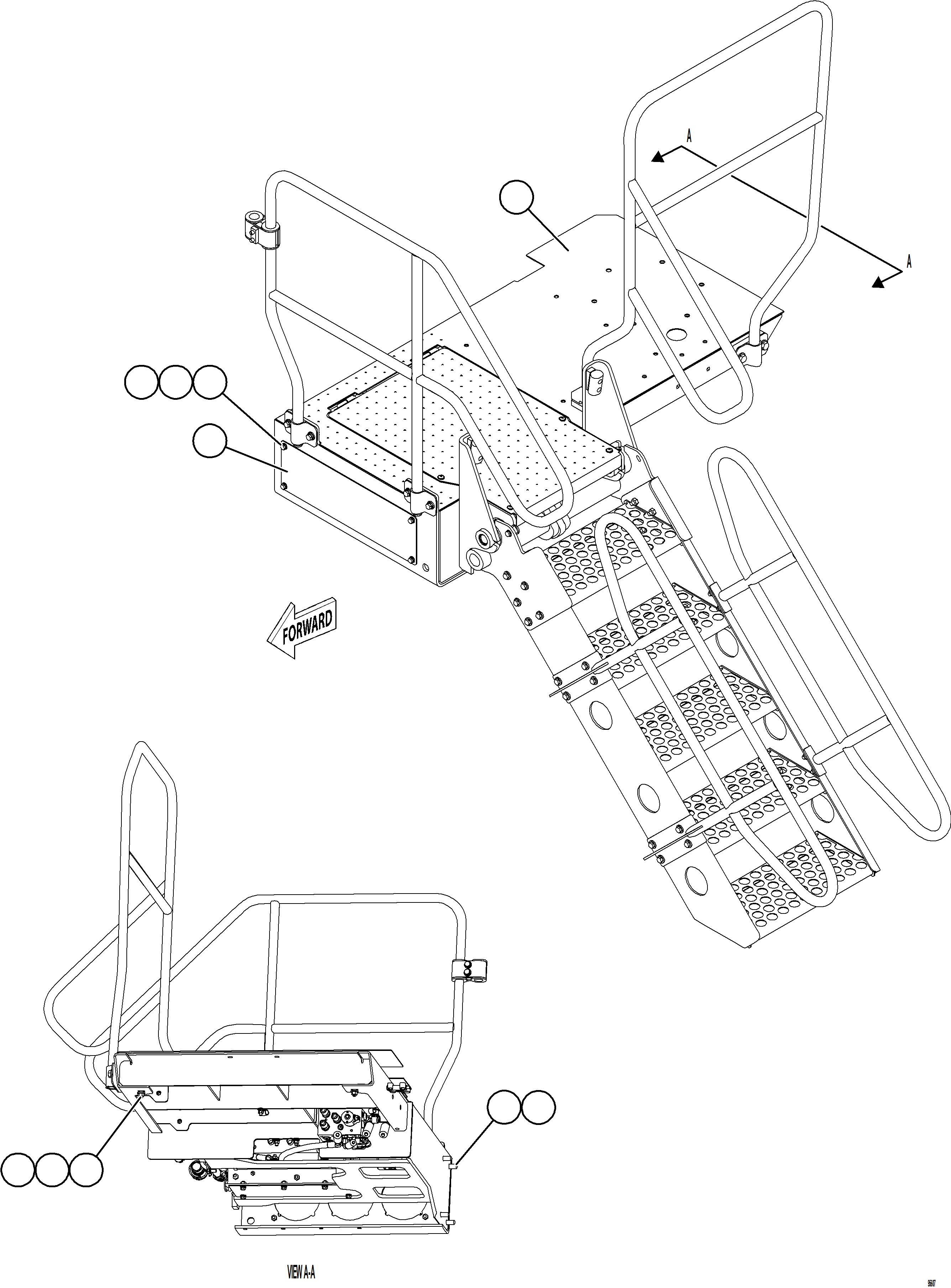 Komatsu parts book diagram for AFE75-BK 980E-5 S/N A50255 - A50256,A50257,A50260 - A50269,A50271 - A50273  KNA: LH LOWER PLATFORM INSTALLATION