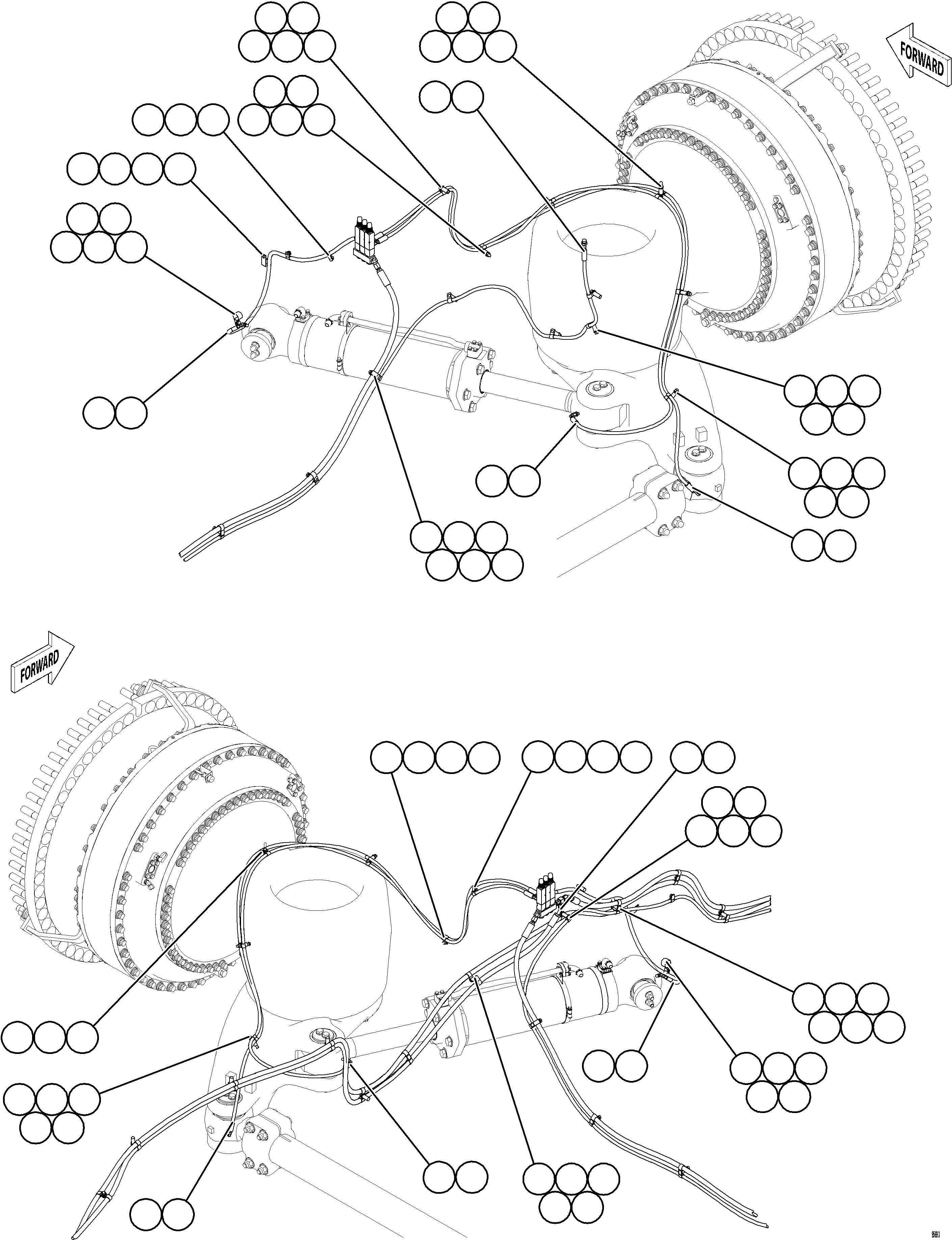 Komatsu parts book diagram for AFE75-BK 980E-5 S/N A50255 - A50256,A50257,A50260 - A50269,A50271 - A50273  KNA: AUTOMATIC LUBRICATION SYSTEM PIPING - FRONT    2/4