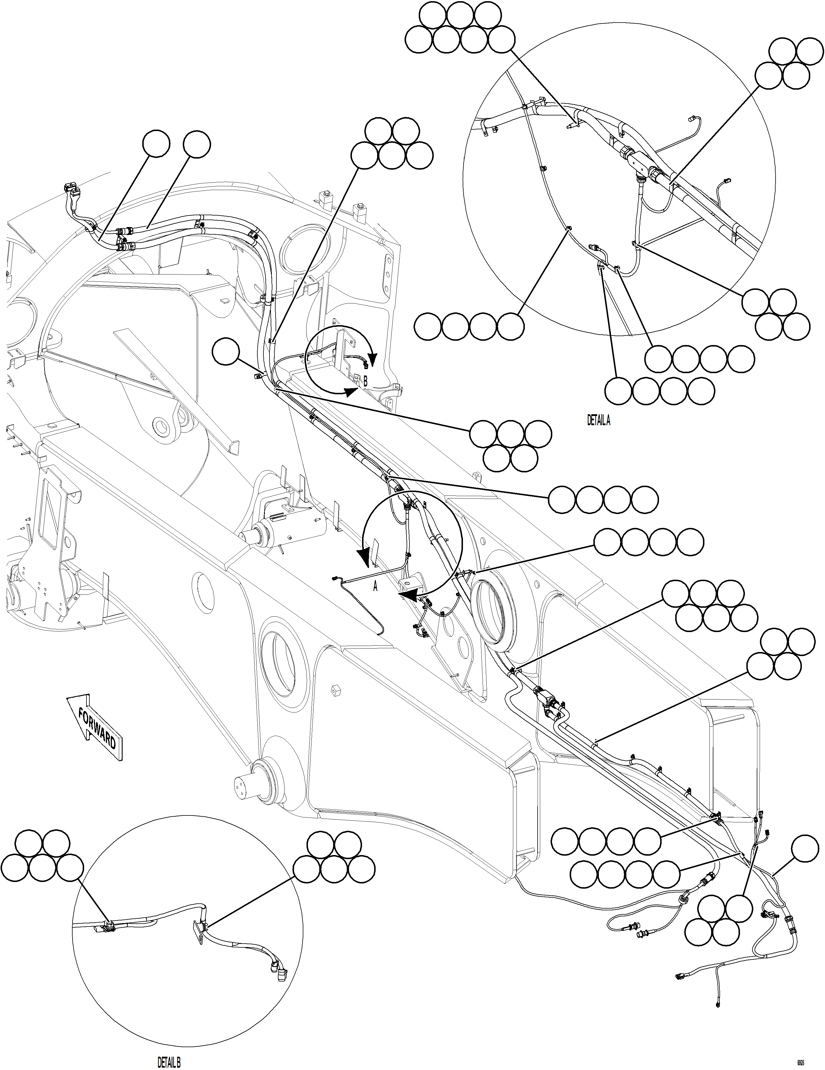 Komatsu parts book diagram for AFE75-W 980E-5 S/N A50071 - A50079  ESPERANZA SUR: RIGHT REAR FRAME RAIL HARNESS