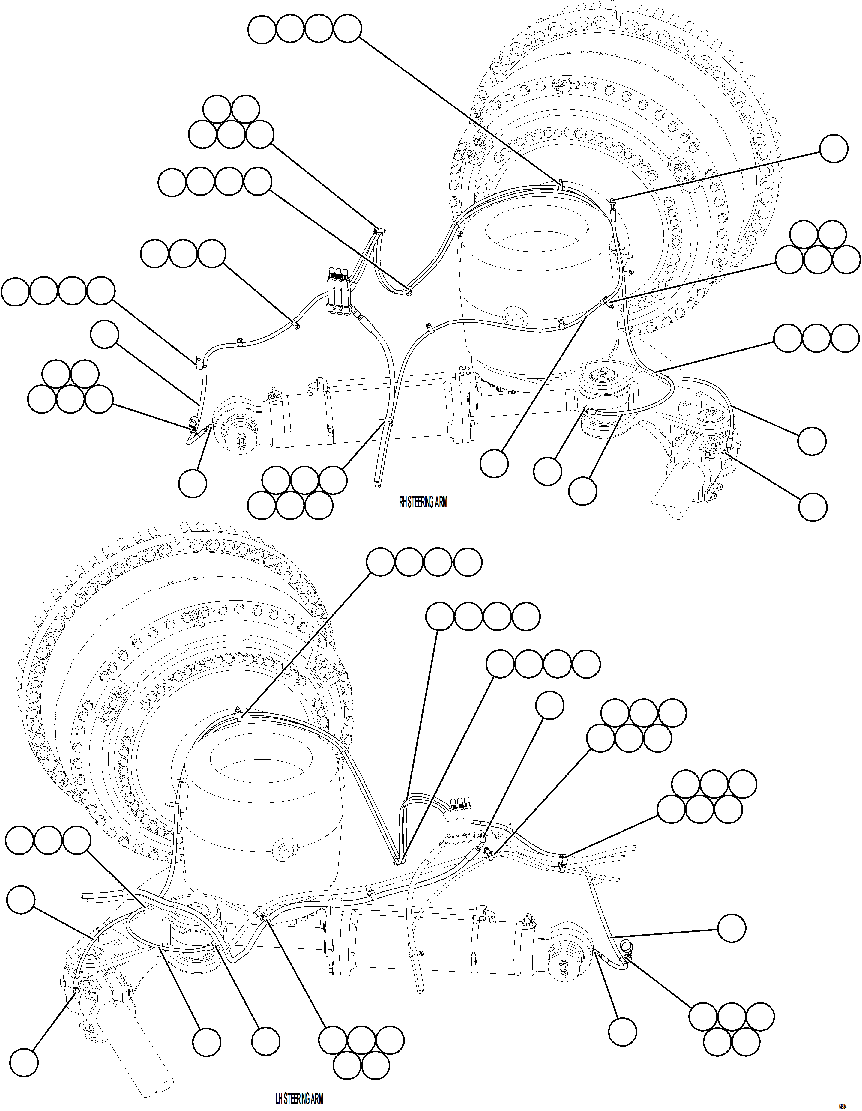 Komatsu parts book diagram for AFE75-W 980E-5 S/N A50071 - A50079  ESPERANZA SUR: AUTOMATIC LUBRICATION SYSTEM PIPING - FRONT    2/4