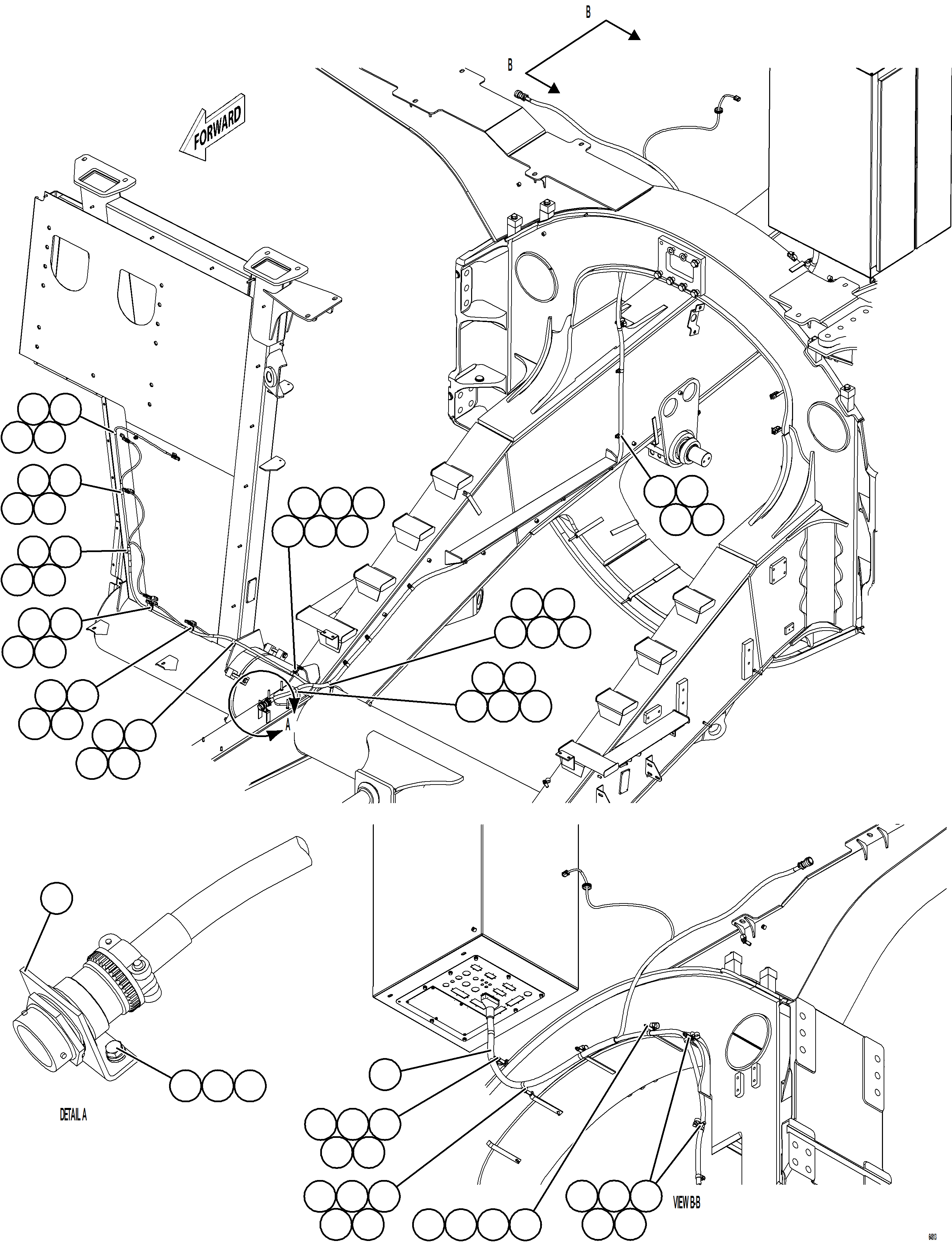 Komatsu parts book diagram for AFE77-AH 830E-5 S/N A50088 - A50098  BMA STOCK: RIGHT FRONT FRAME RAIL HARNESS