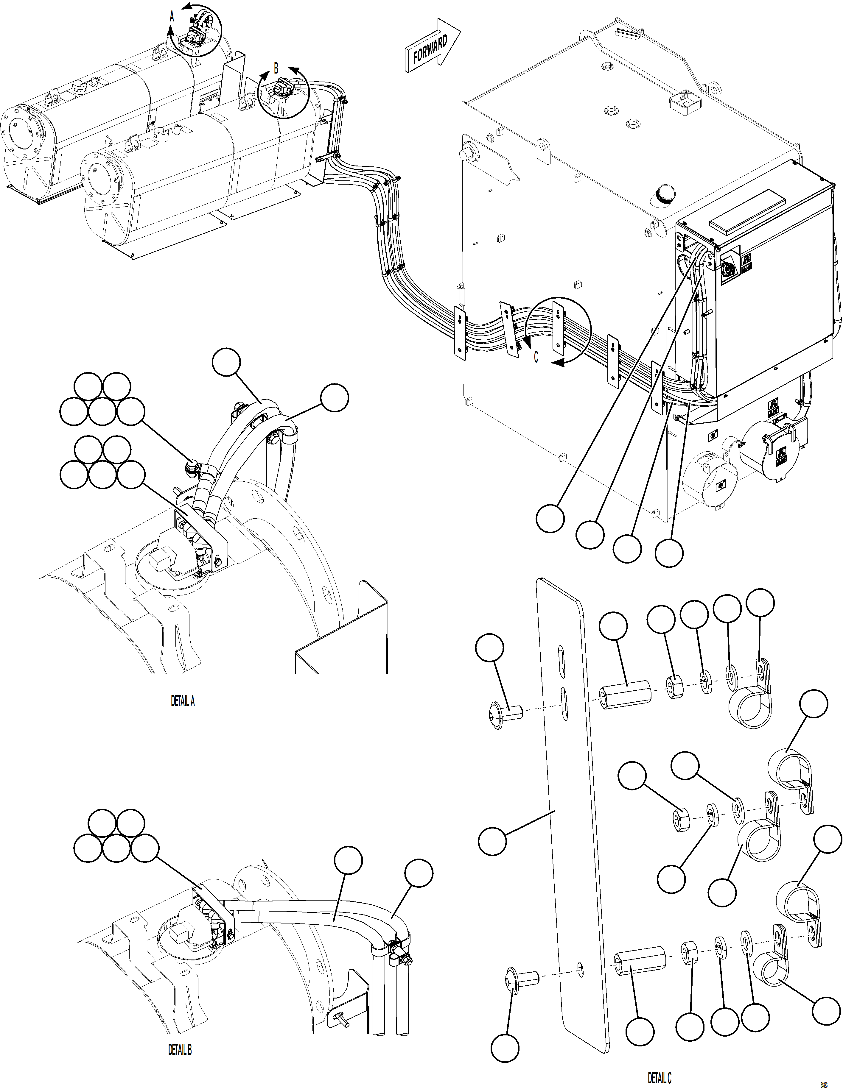 Komatsu parts book diagram for AFE77-AJ 830E-5 S/N A50100 - A50101  MANTOS COPPER: DEF TANK RETURN AND SUPPLY PIPING    1/2