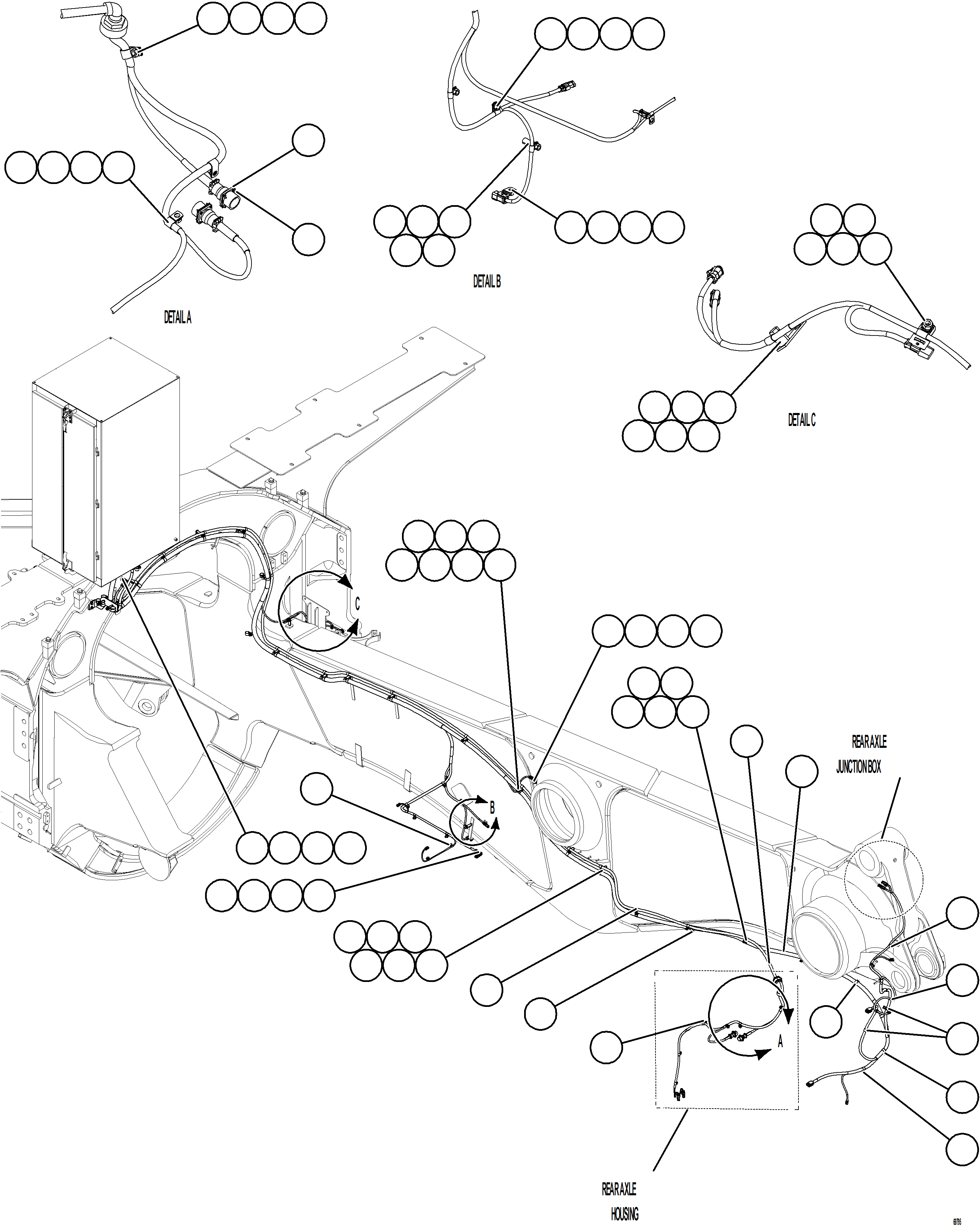Komatsu parts book diagram for AFE77-AJ 830E-5 S/N A50100 - A50101  MANTOS COPPER: RIGHT REAR FRAME RAIL HARNESS