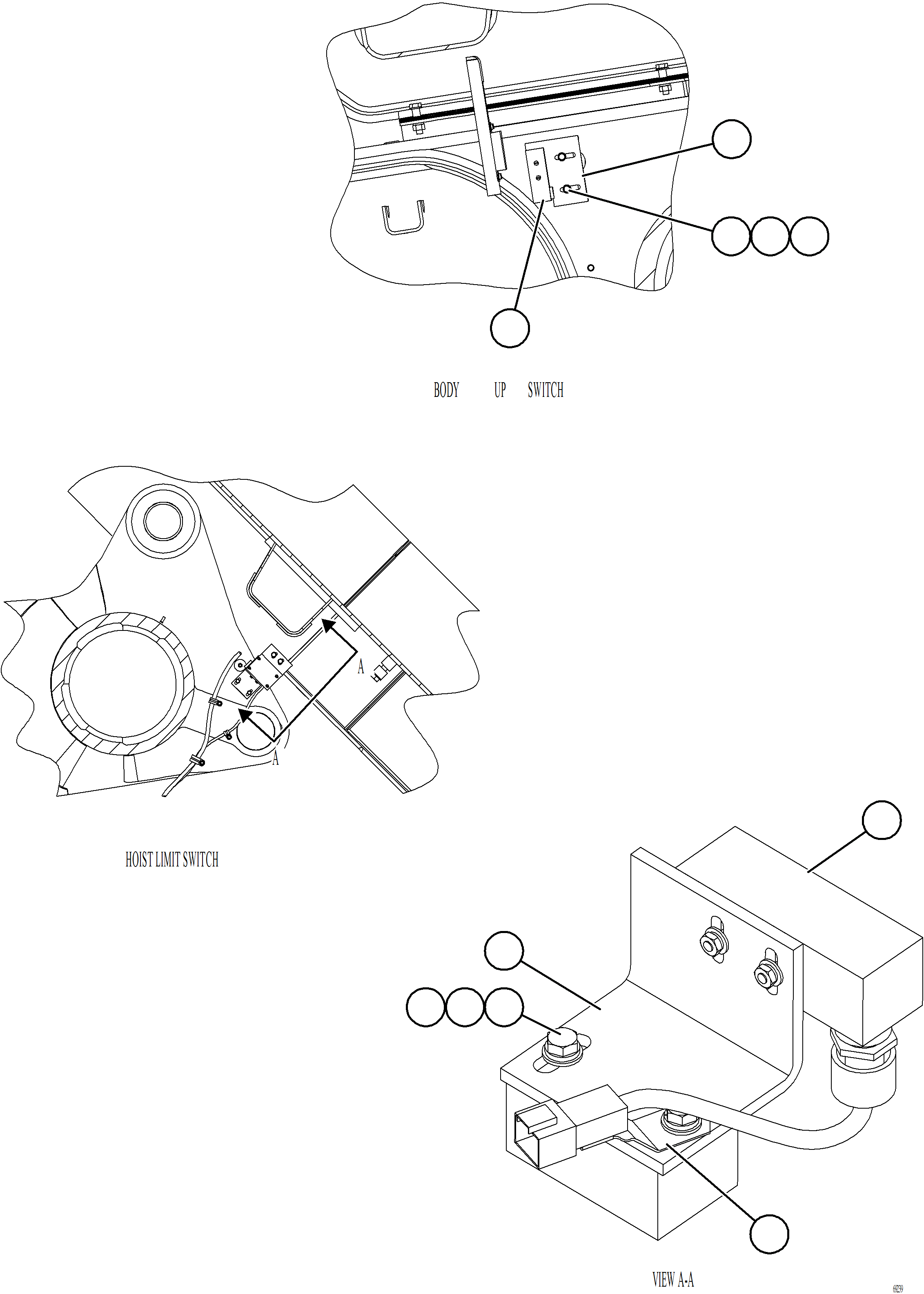 Komatsu parts book diagram for AFE77-AT 830E-5 S/N A50114  GOONYELLA: BODY UP & HOIST LIMIT SWITCH INSTALLATION    1/2