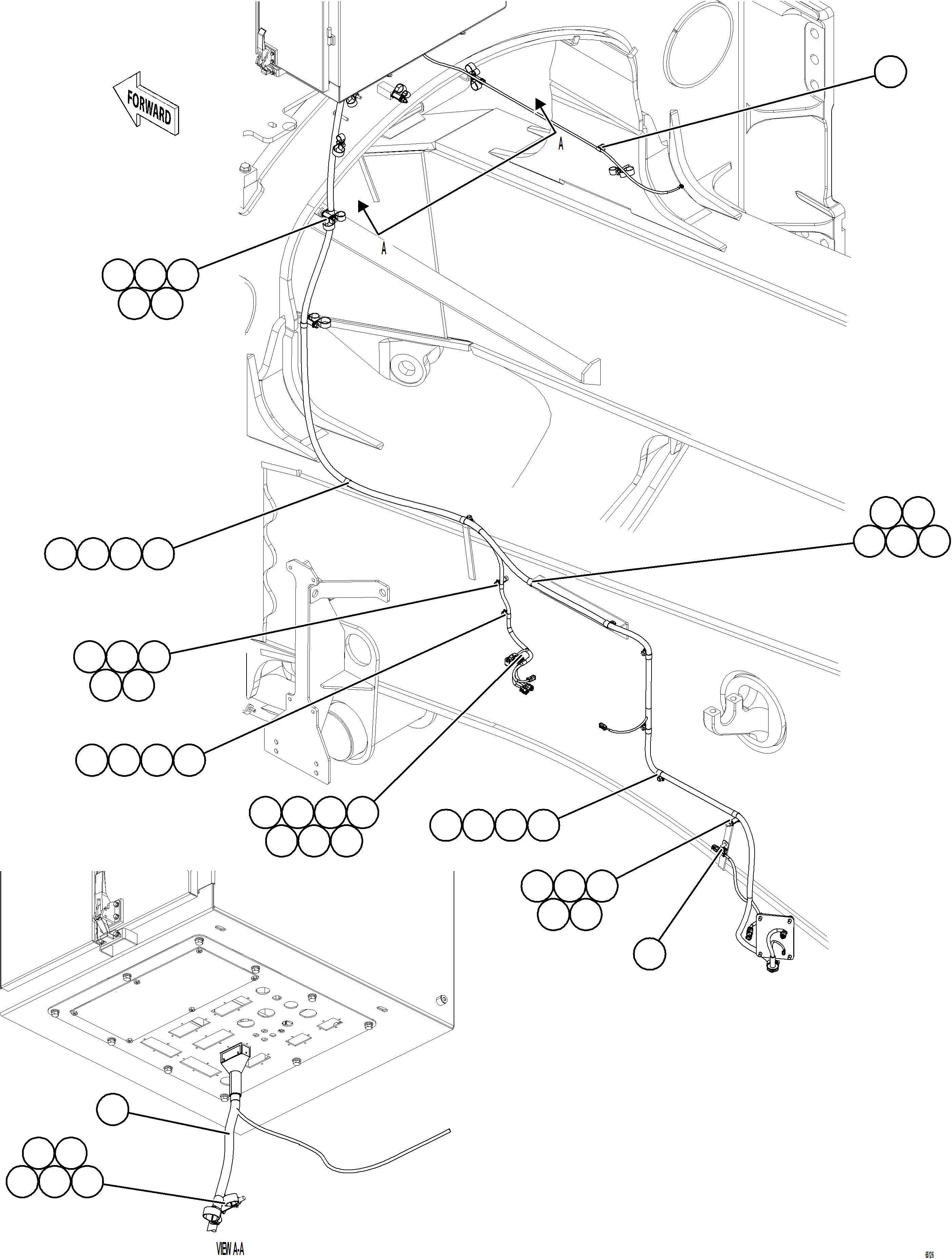 Komatsu parts book diagram for AFE77-BL 830E-5 S/N A50167 - A50168  CONUMA COAL: LEFT REAR FRAME RAIL HARNESS