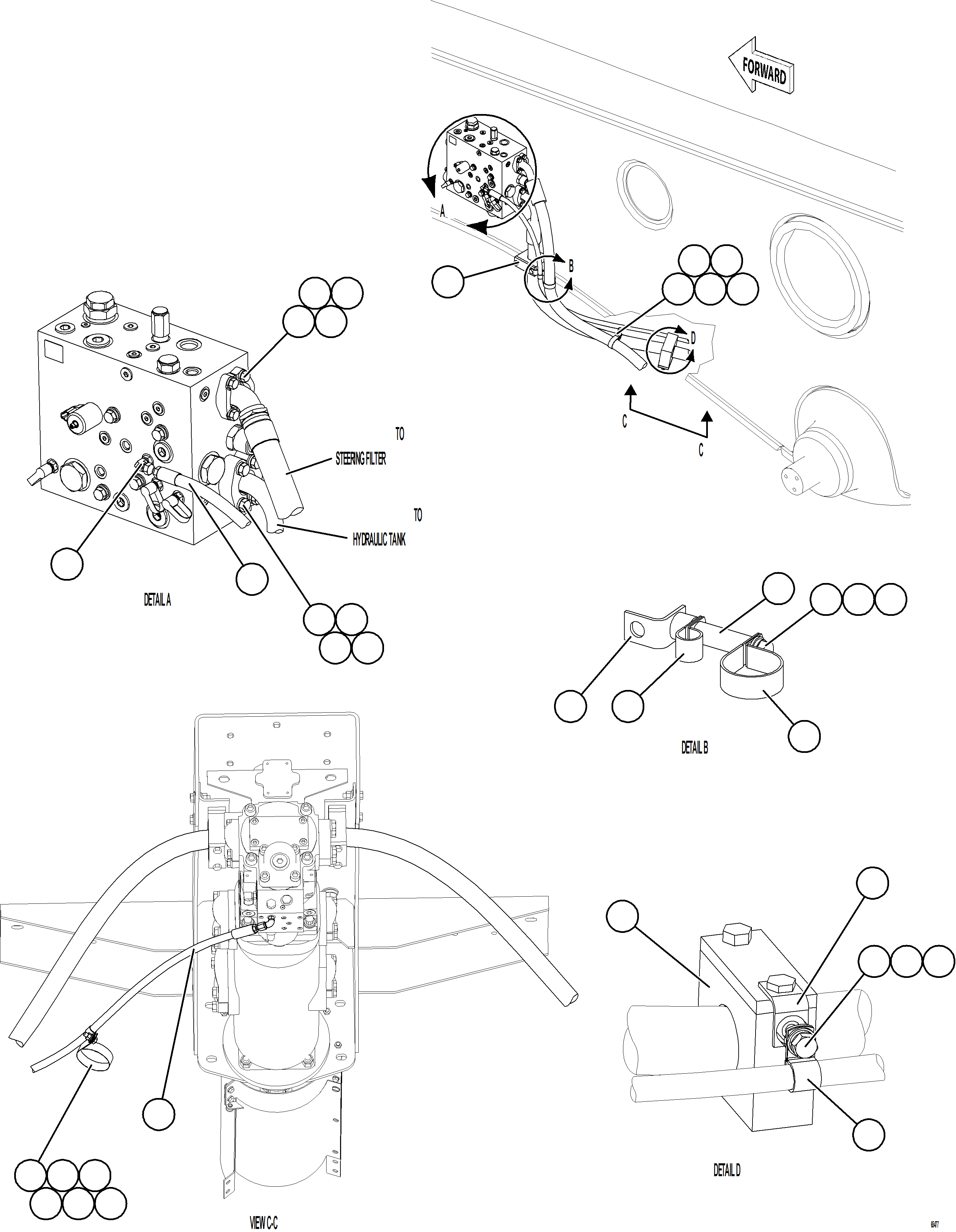 Komatsu parts book diagram for AFE77-BL 830E-5 S/N A50167 - A50168  CONUMA COAL: STEERING BLEEDDOWN MANIFOLD PIPING    1/3