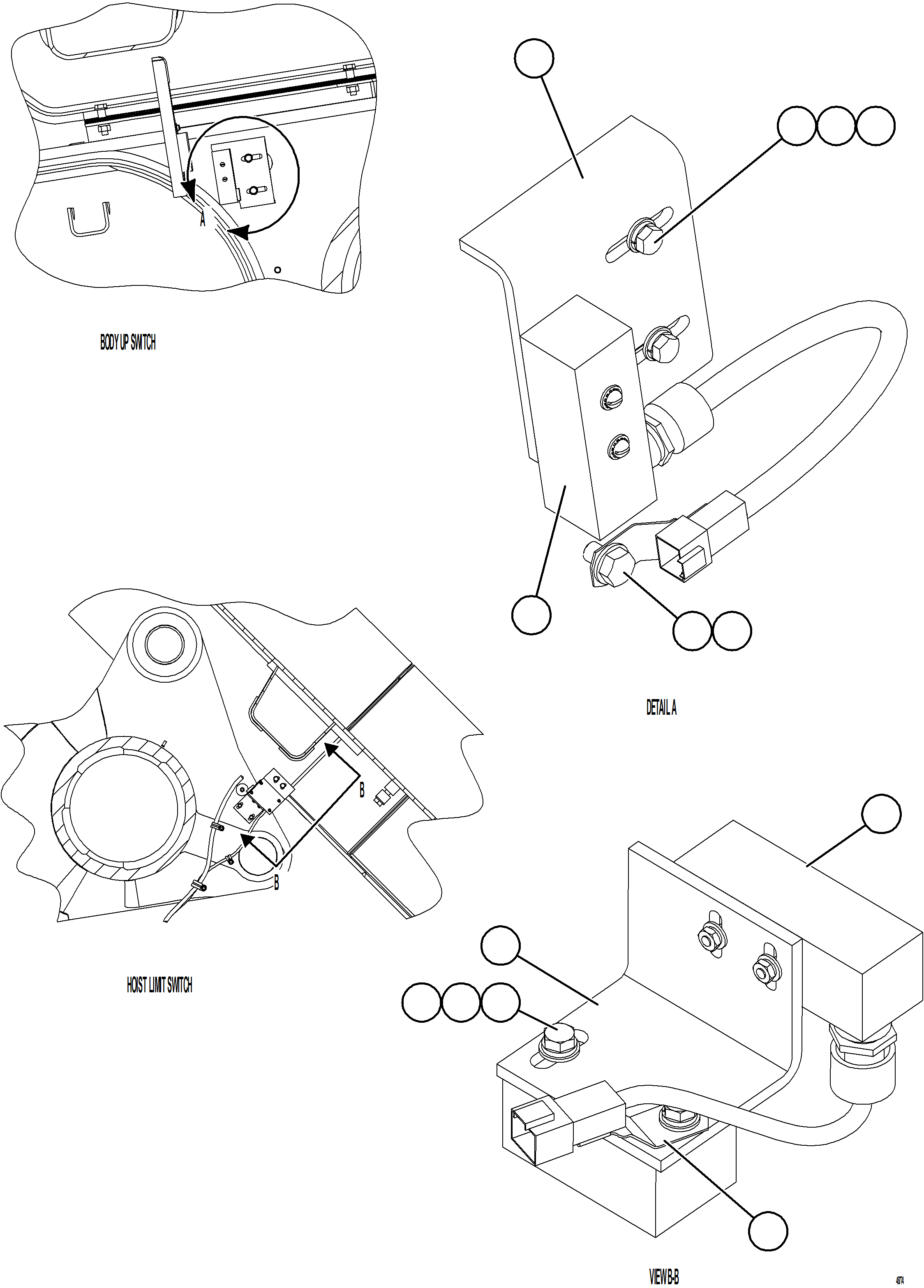 Komatsu parts book diagram for AFE77-BU 830E-5 S/N A50216 - A50217  KCH: BODY UP & HOIST LIMIT SWITCH INSTALLATION    1/2