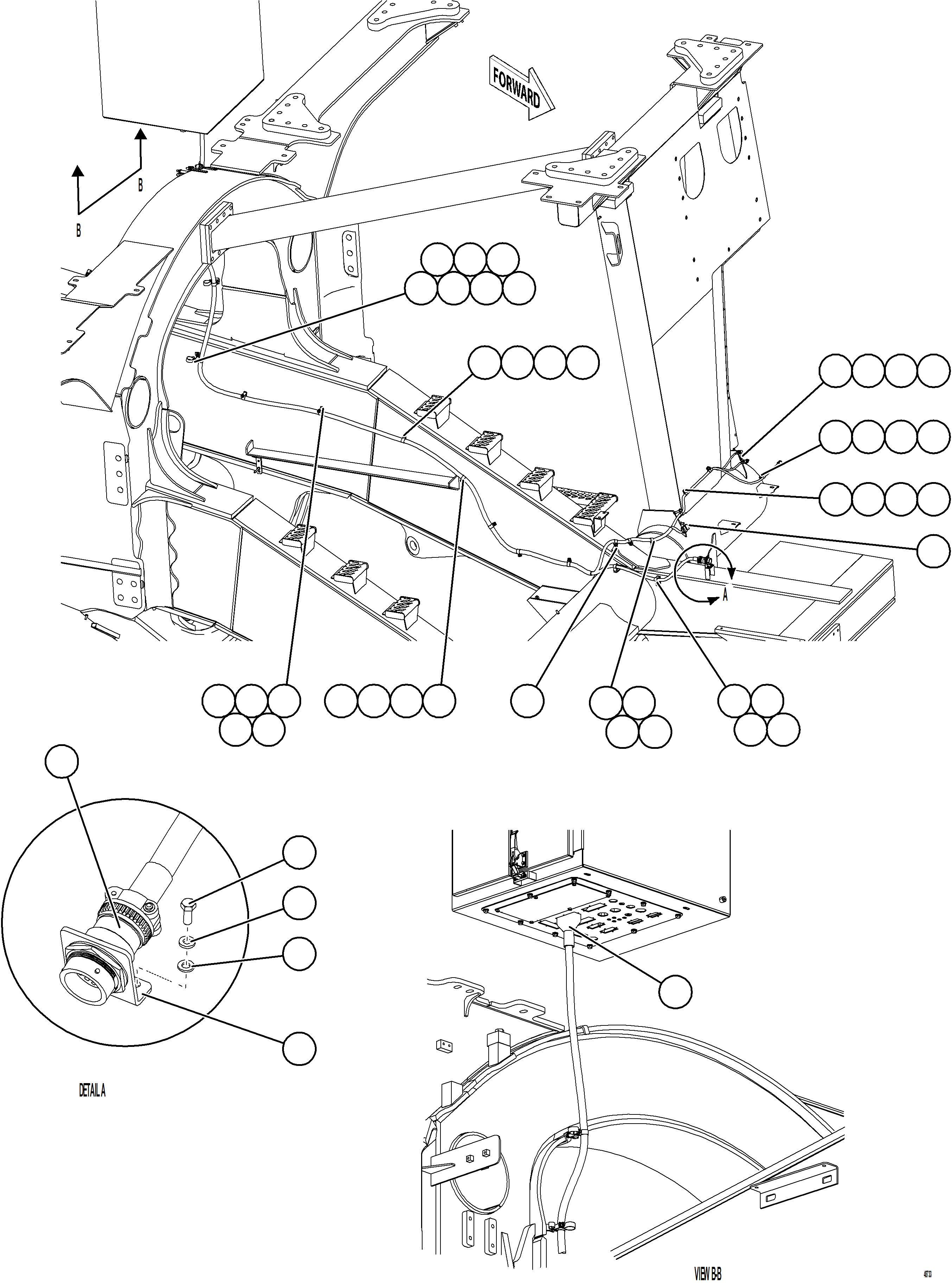 Komatsu parts book diagram for AFE77-BU 830E-5 S/N A50216 - A50217  KCH: LEFT FRONT FRAME RAIL HARNESS
