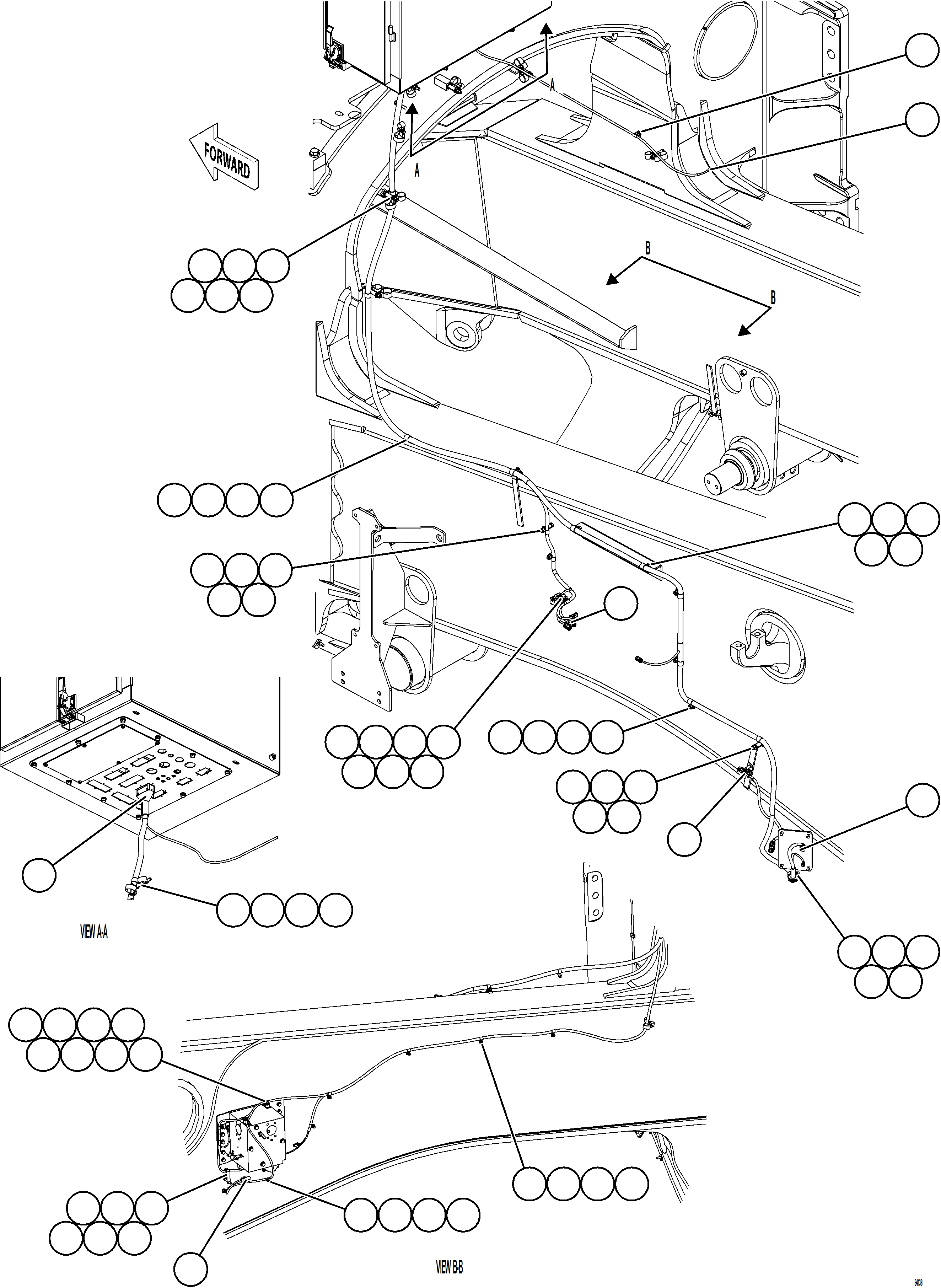 Komatsu parts book diagram for AFE77-BU 830E-5 S/N A50216 - A50217  KCH: LEFT REAR FRAME RAIL HARNESS    1/2