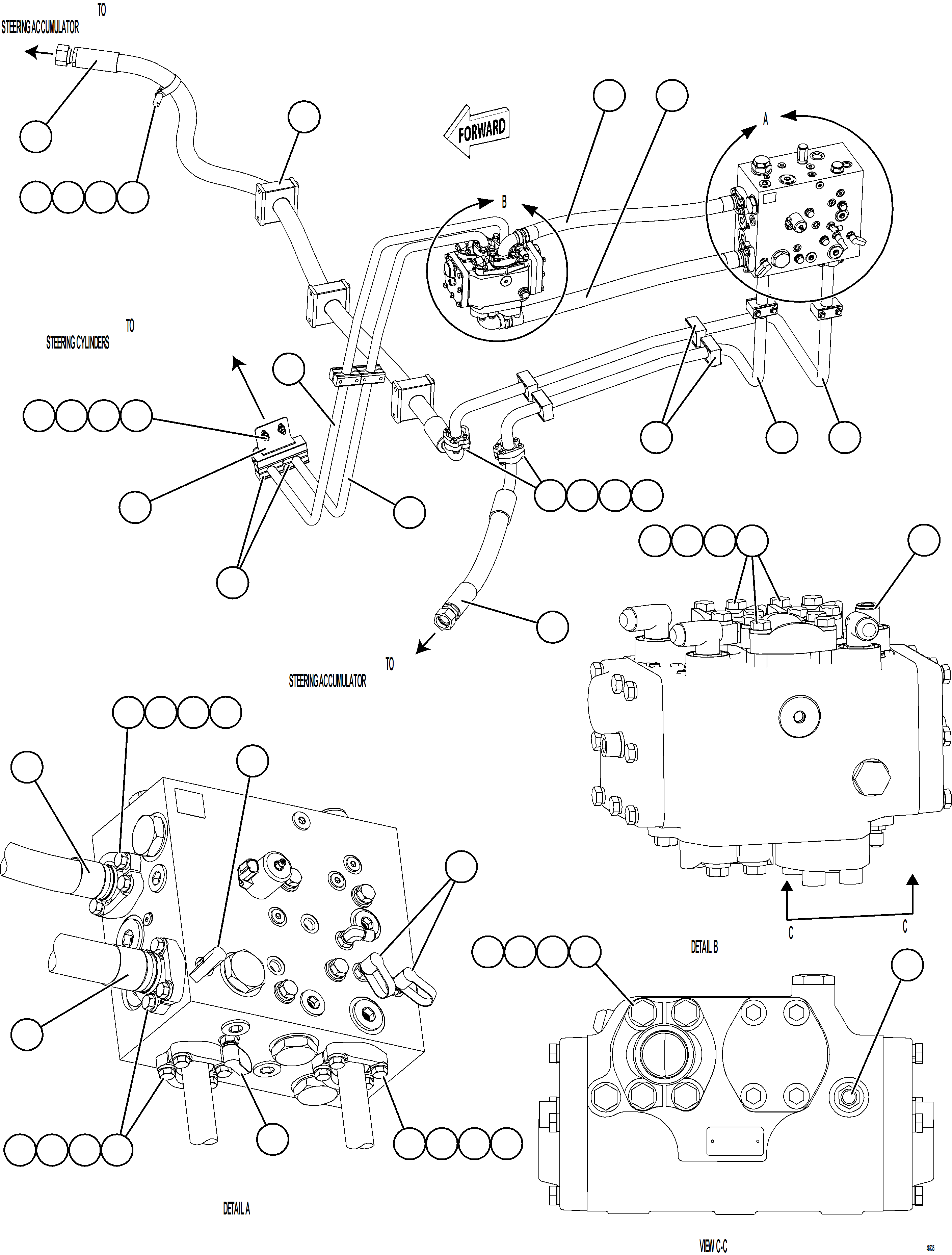 Komatsu parts book diagram for AFE77-BU 830E-5 S/N A50216 - A50217  KCH: STEERING BLEEDDOWN MANIFOLD PIPING    2/3