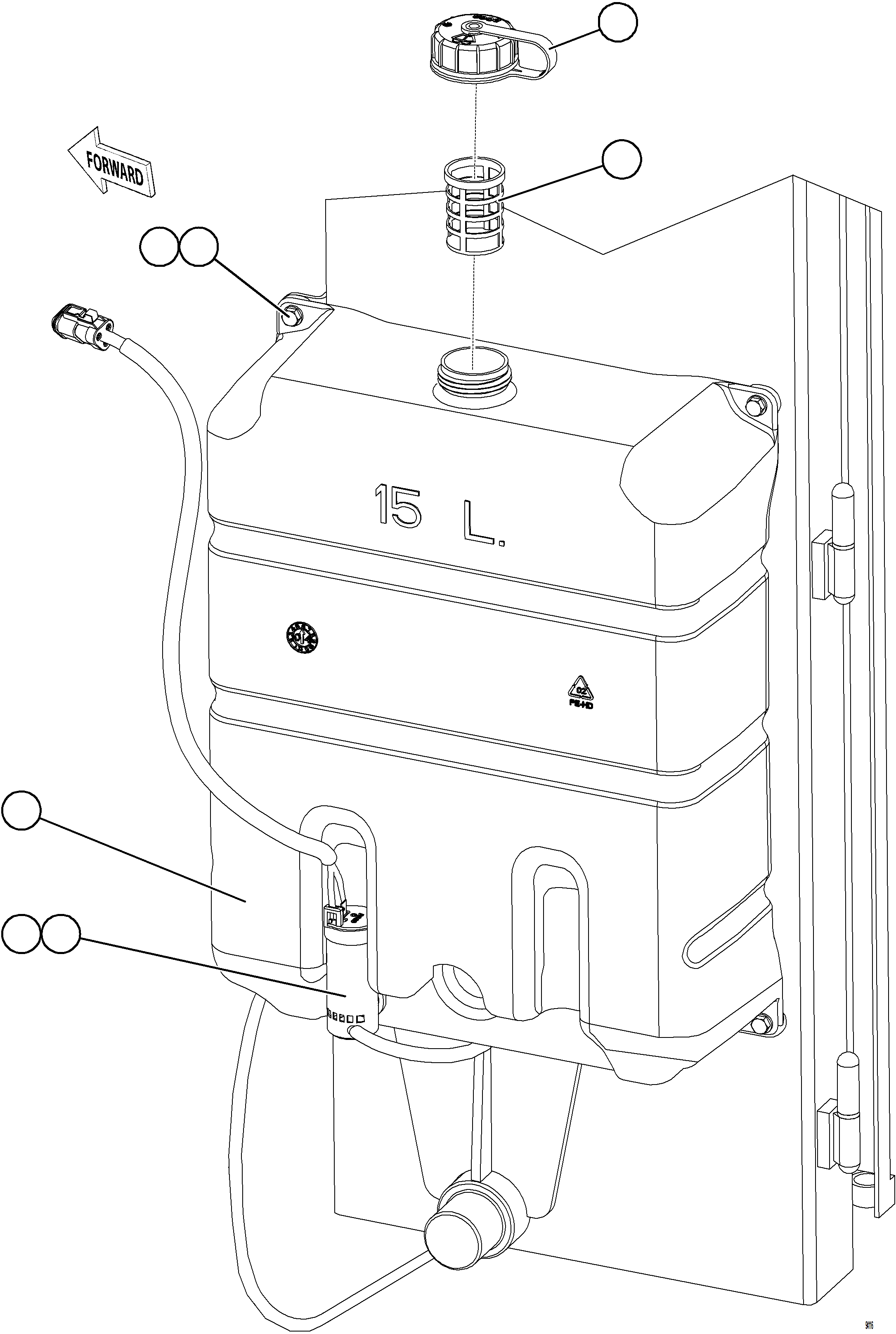Komatsu parts book diagram for AFE77-BU 830E-5 S/N A50216 - A50217  KCH: WINDSHIELD WASHER RESERVOIR INSTALLATION    1/2