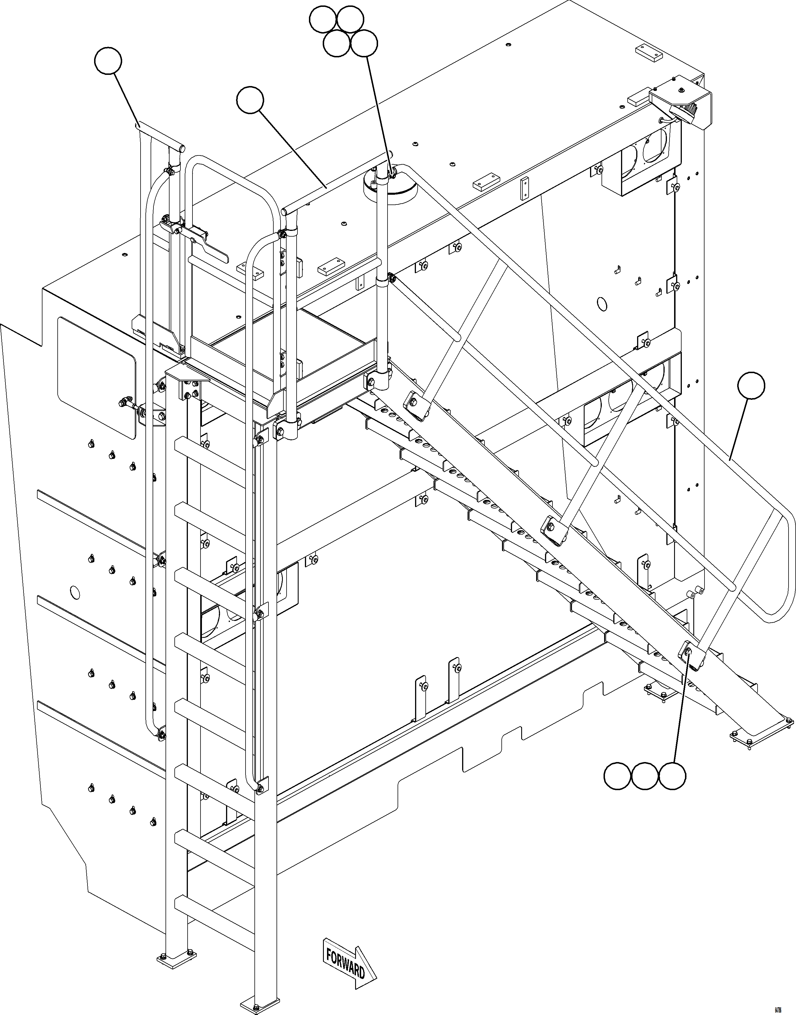 Komatsu parts book diagram for AFE77-BU 830E-5 S/N A50216 - A50217  KCH: DIAGONAL LADDER & UPPER PLATFORM HANDRAILS