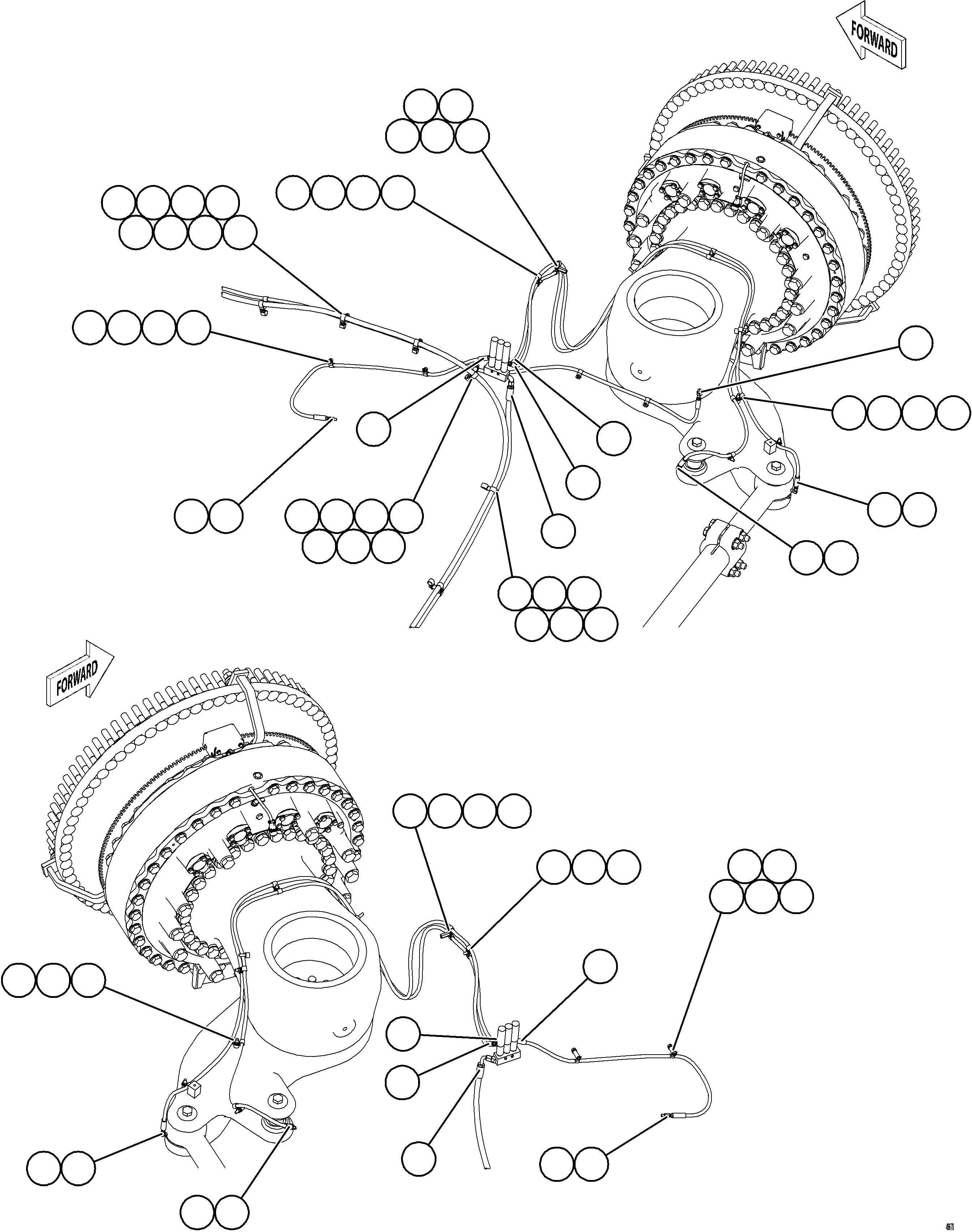 Komatsu parts book diagram for AFE77-CN 830E-5 S/N A50294 - A50295  SMS: AUTOMATIC LUBRICATION SYSTEM PIPING - FRONT    2/4