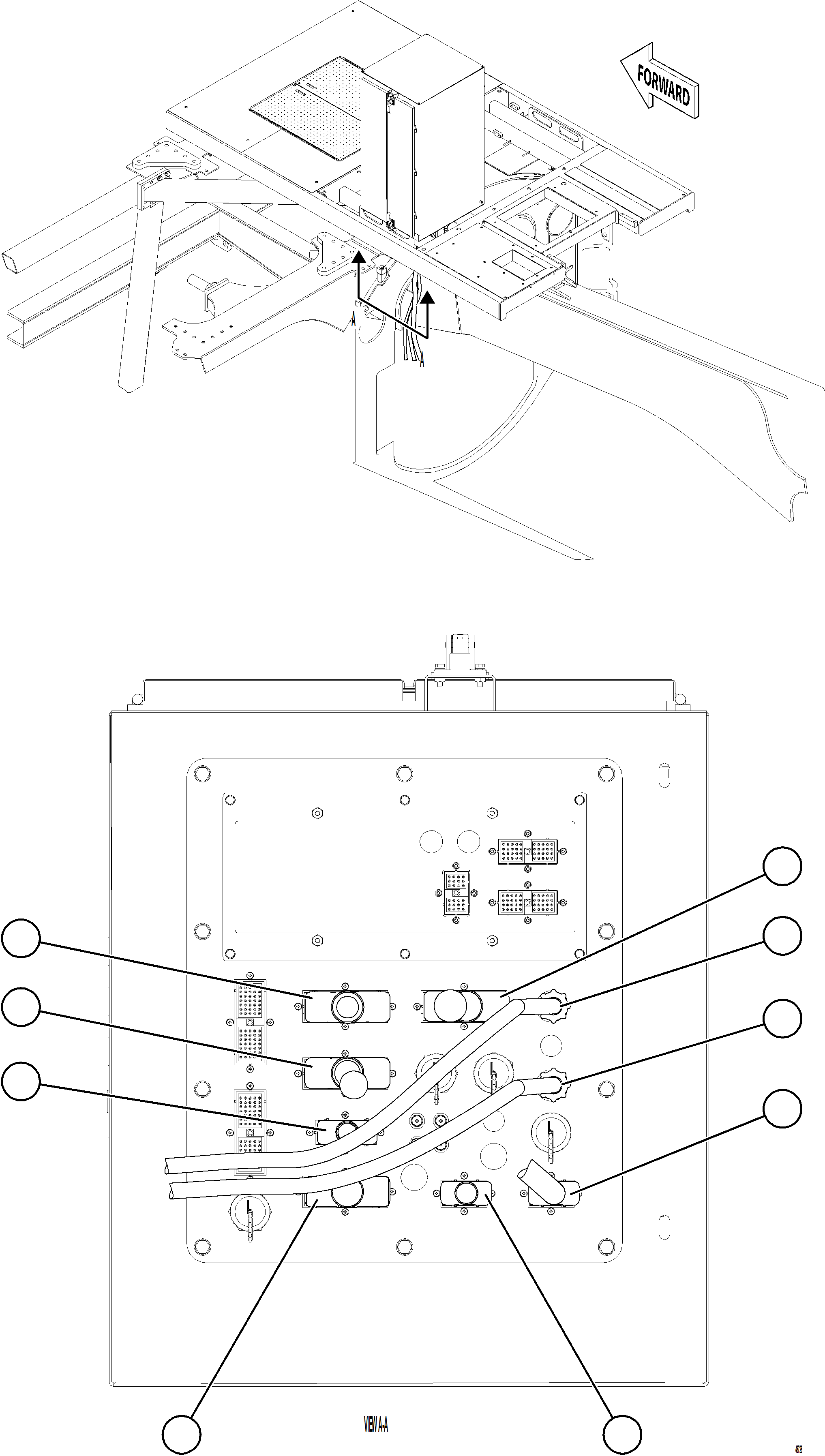 Komatsu parts book diagram for AFE77-CV 830E-5 S/N A50338,A50341 - A40345  KCH: AUX CTRL CBNT CABLE & HARNESS CONNECTIONS    1/3