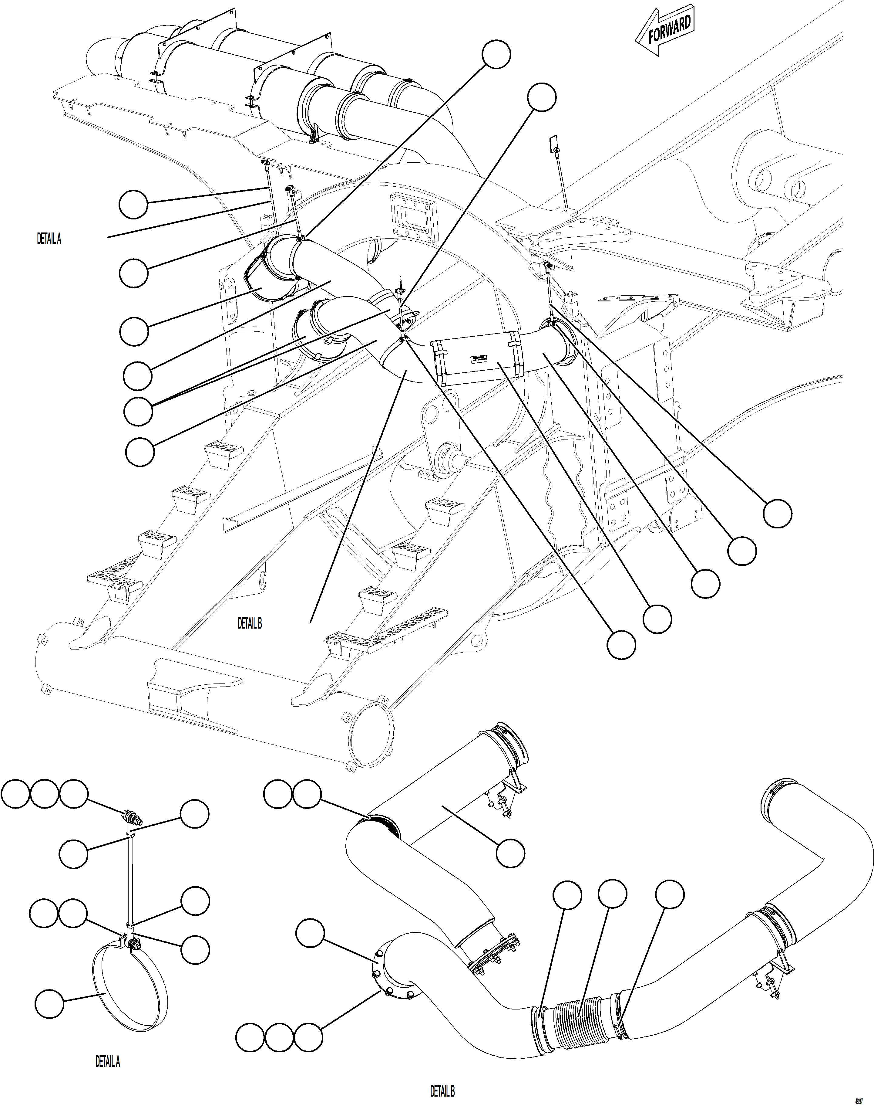 Komatsu parts book diagram for AFE77-CX 830E-5 S/N A50347 - A50348,A50355,A50362,A50368,A50370 - A50371  KBI: EXHAUST PIPING - FRONT