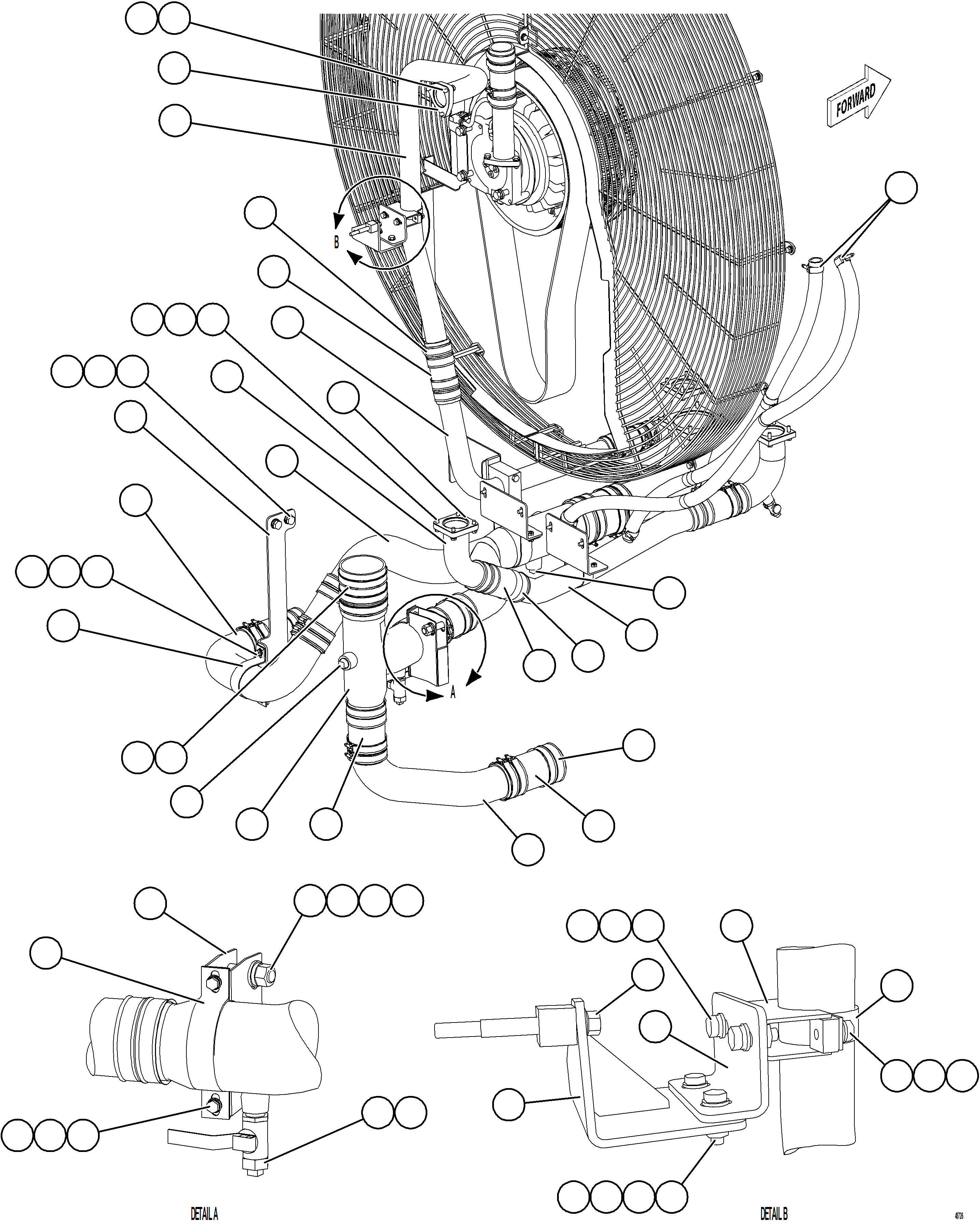 Komatsu parts book diagram for AFE77-CX 830E-5 S/N A50347 - A50348,A50355,A50362,A50368,A50370 - A50371  KBI: RADIATOR PIPING    3/5