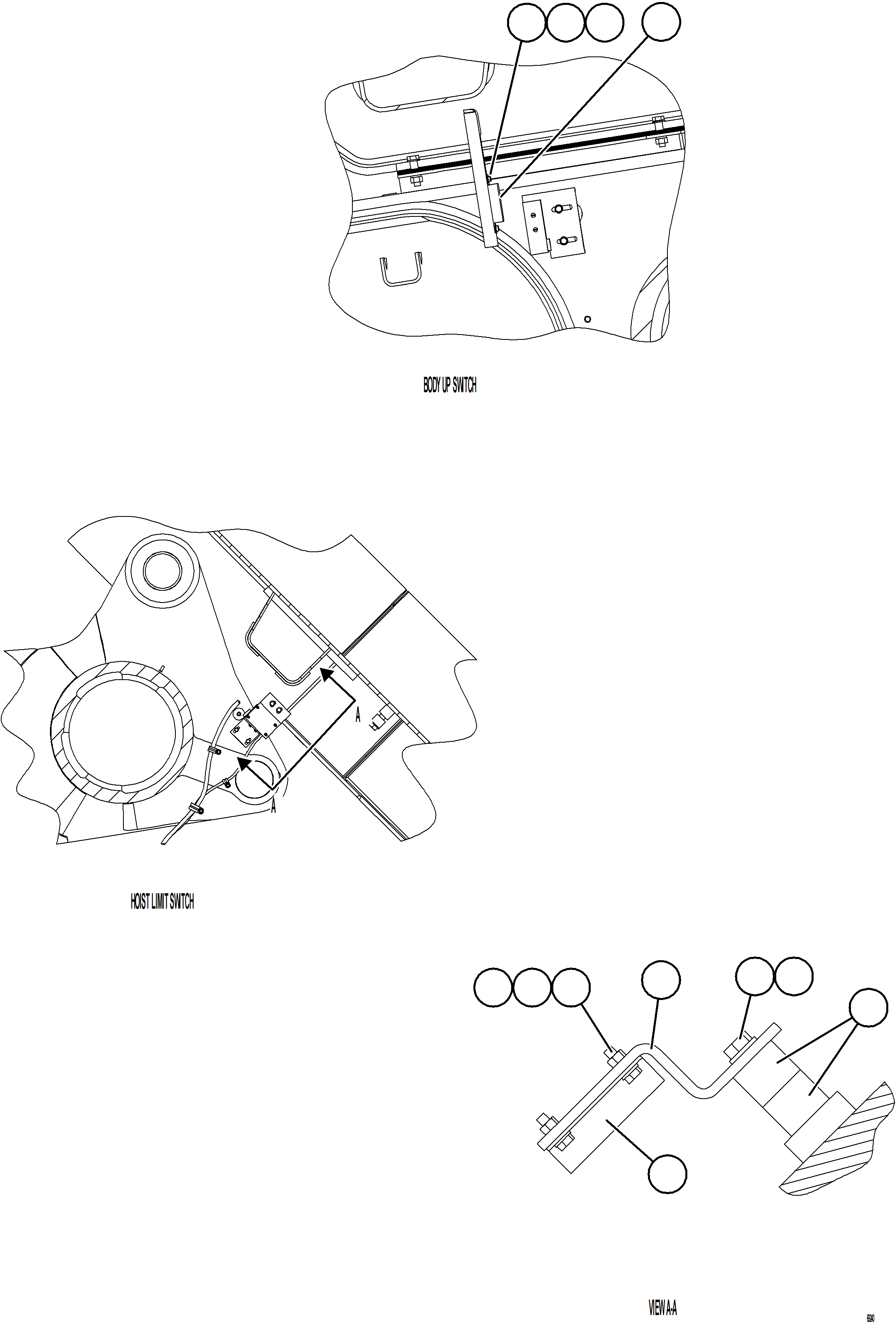 Komatsu parts book diagram for AFE77-CX 830E-5 S/N A50347 - A50348,A50355,A50362,A50368,A50370 - A50371  KBI: BODY UP & HOIST LIMIT SWITCH INSTALLATION    2/2