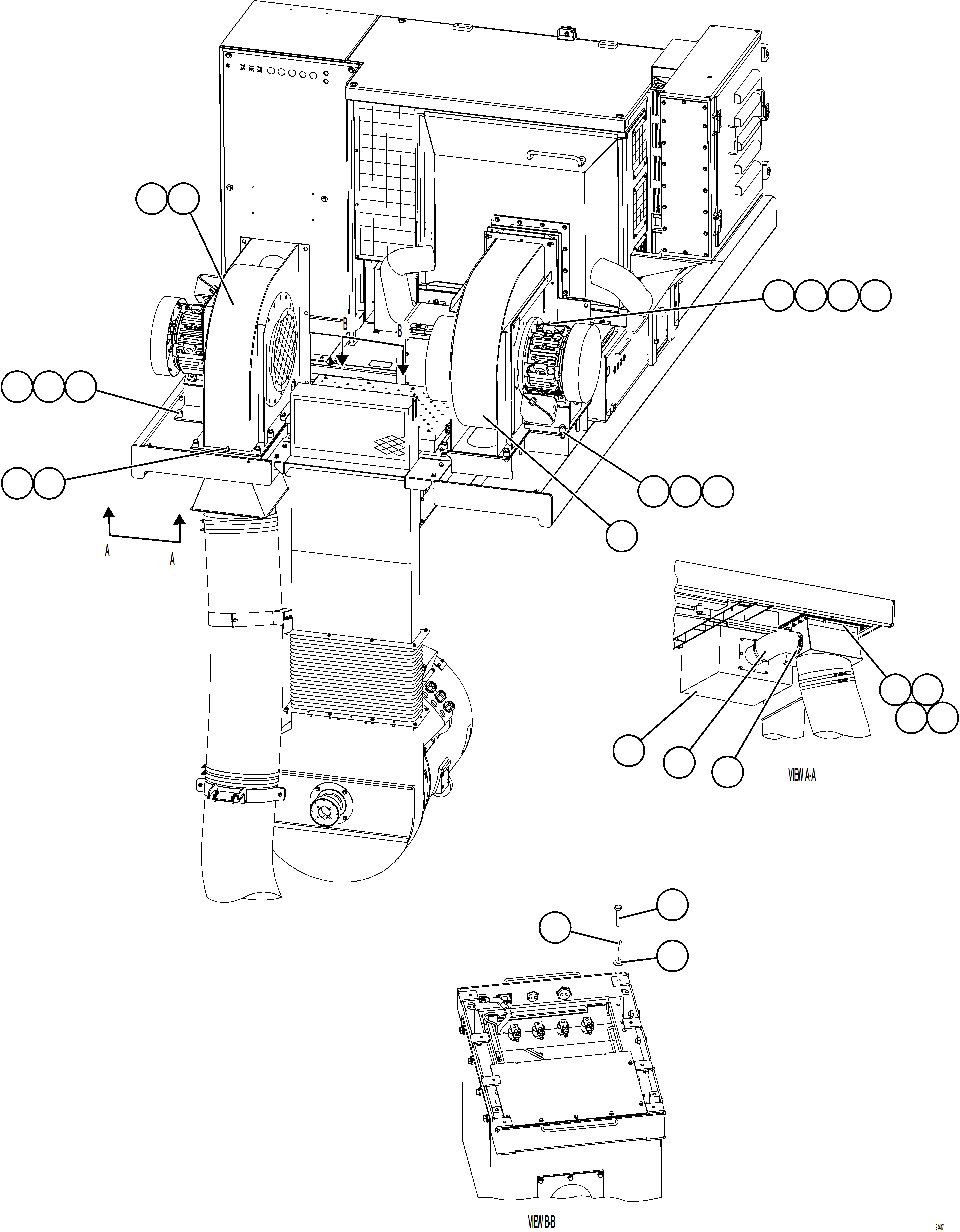 Komatsu parts book diagram for AFE77-CX 830E-5 S/N A50347 - A50348,A50355,A50362,A50368,A50370 - A50371  KBI: AUXILIARY BLOWER INSTALLATION