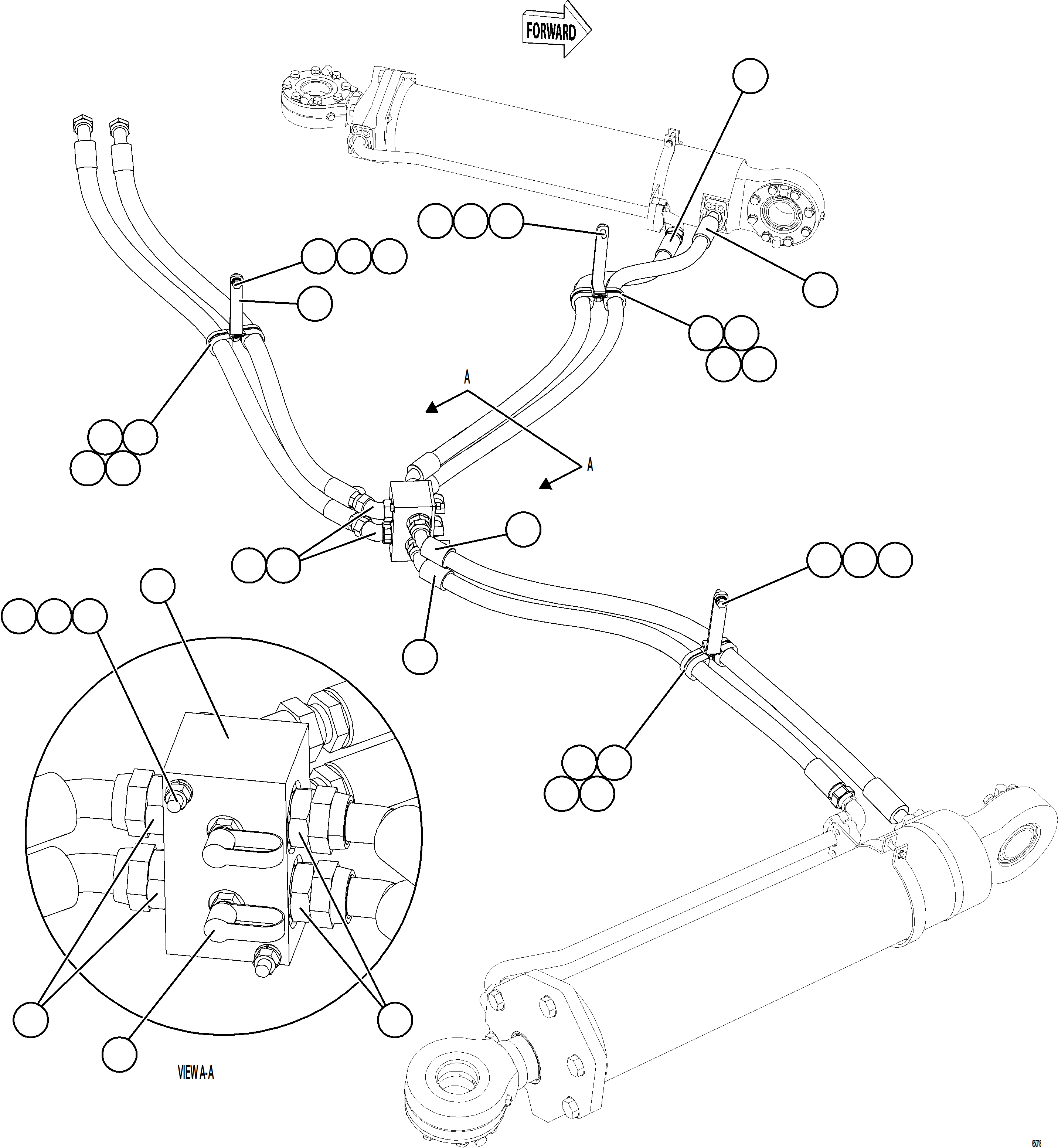 Komatsu parts book diagram for AFE77-CX 830E-5 S/N A50347 - A50348,A50355,A50362,A50368,A50370 - A50371  KBI: STEERING CYLINDER PIPING