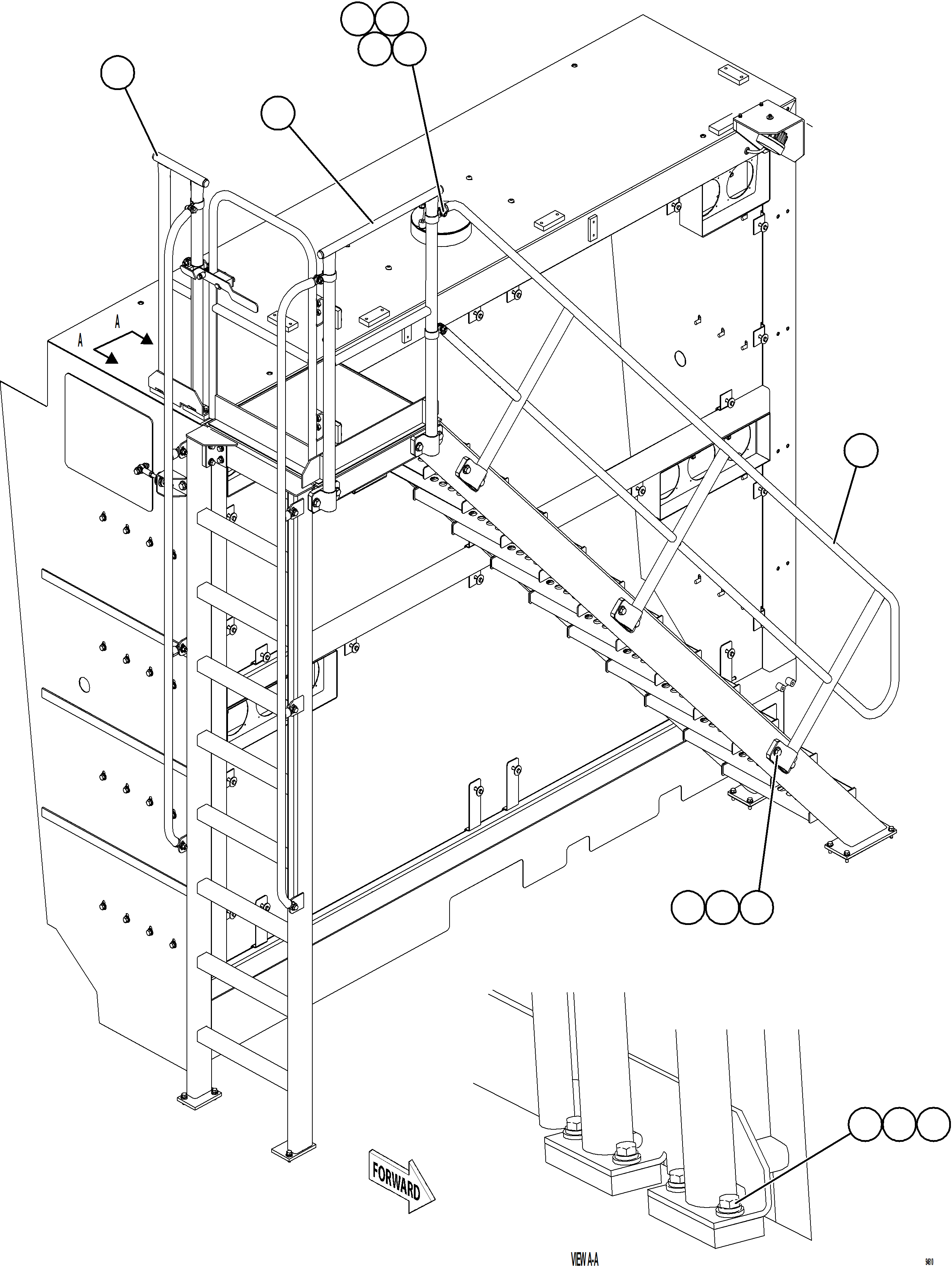 Komatsu parts book diagram for AFE77-CX 830E-5 S/N A50347 - A50348,A50355,A50362,A50368,A50370 - A50371  KBI: DIAGONAL LADDER & UPPER PLATFORM HANDRAILS