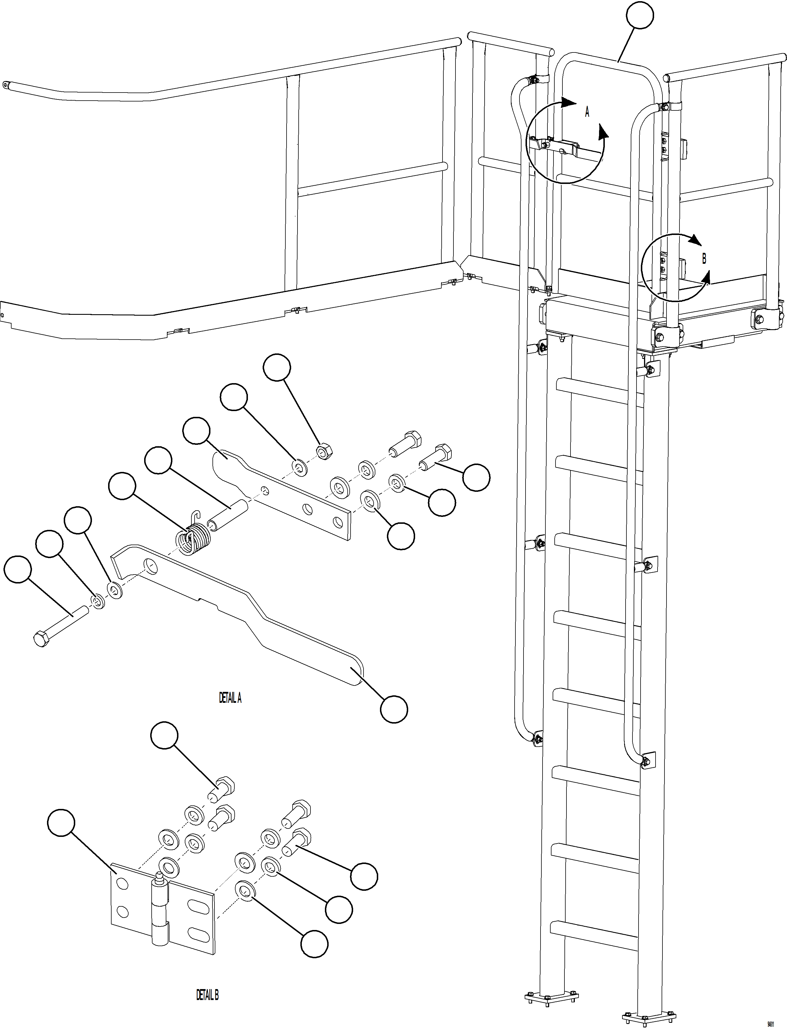 Komatsu parts book diagram for AFE77-CX 830E-5 S/N A50347 - A50348,A50355,A50362,A50368,A50370 - A50371  KBI: RH EMERGENCY GATE & LADDER    1/2