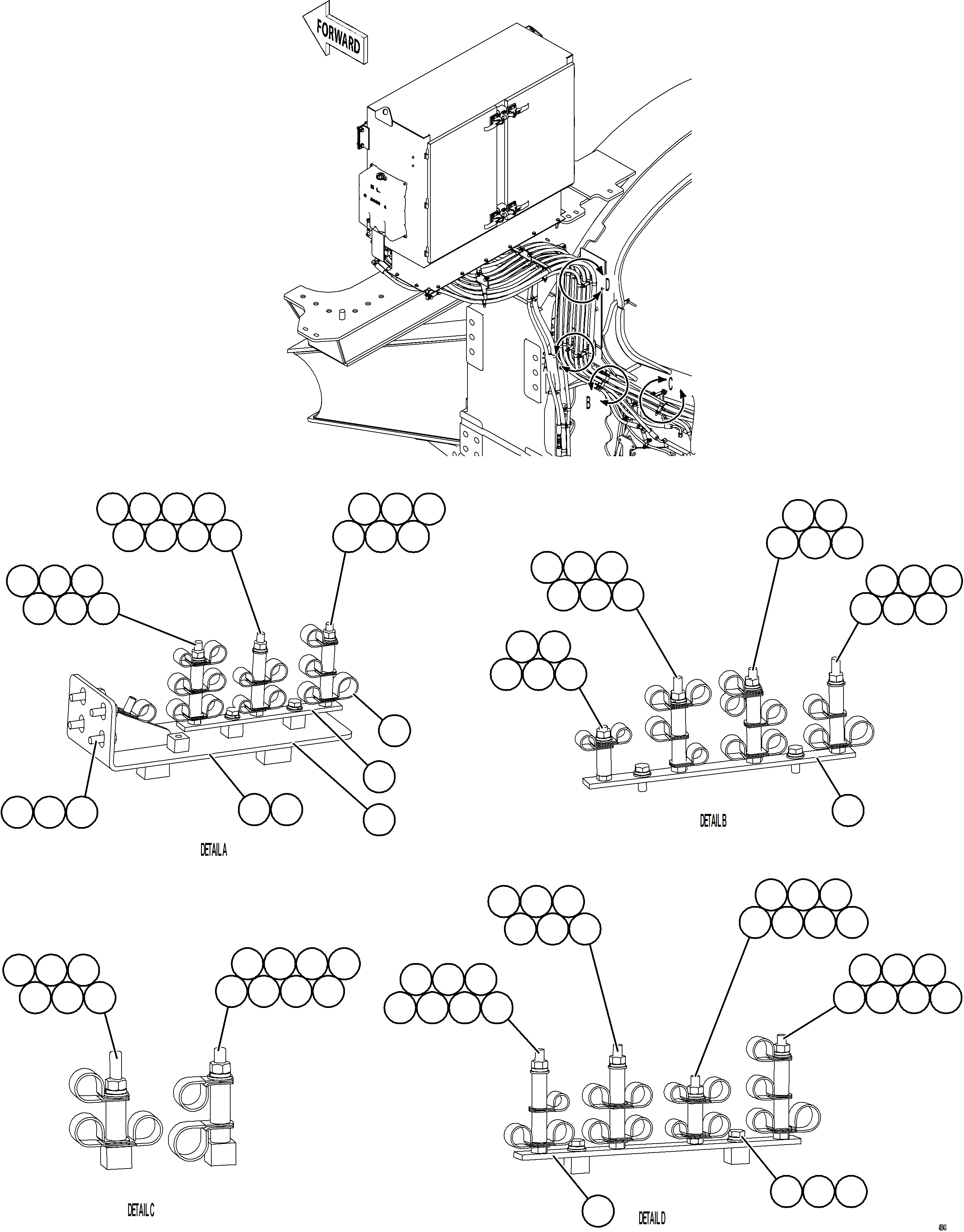 Komatsu parts book diagram for AFE77-CY 830E-5 S/N A50349,A50352,A50364 - A50365,A50367  KAL: HYDRAULIC BRAKE CABINET HOSE CLAMPING    2/4