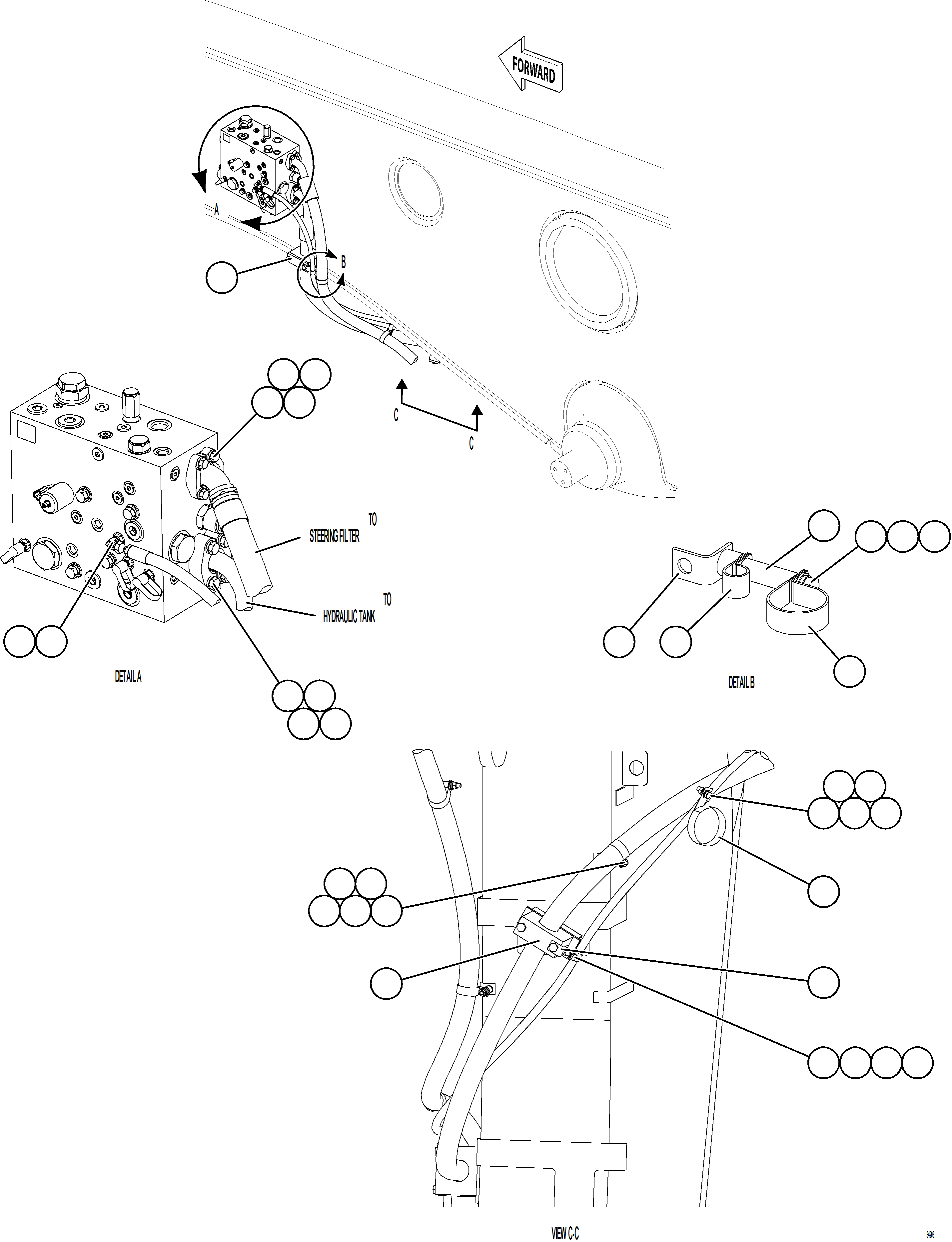Komatsu parts book diagram for AFE77-CY 830E-5 S/N A50349,A50352,A50364 - A50365,A50367  KAL: STEERING BLEEDDOWN MANIFOLD PIPING    1/3