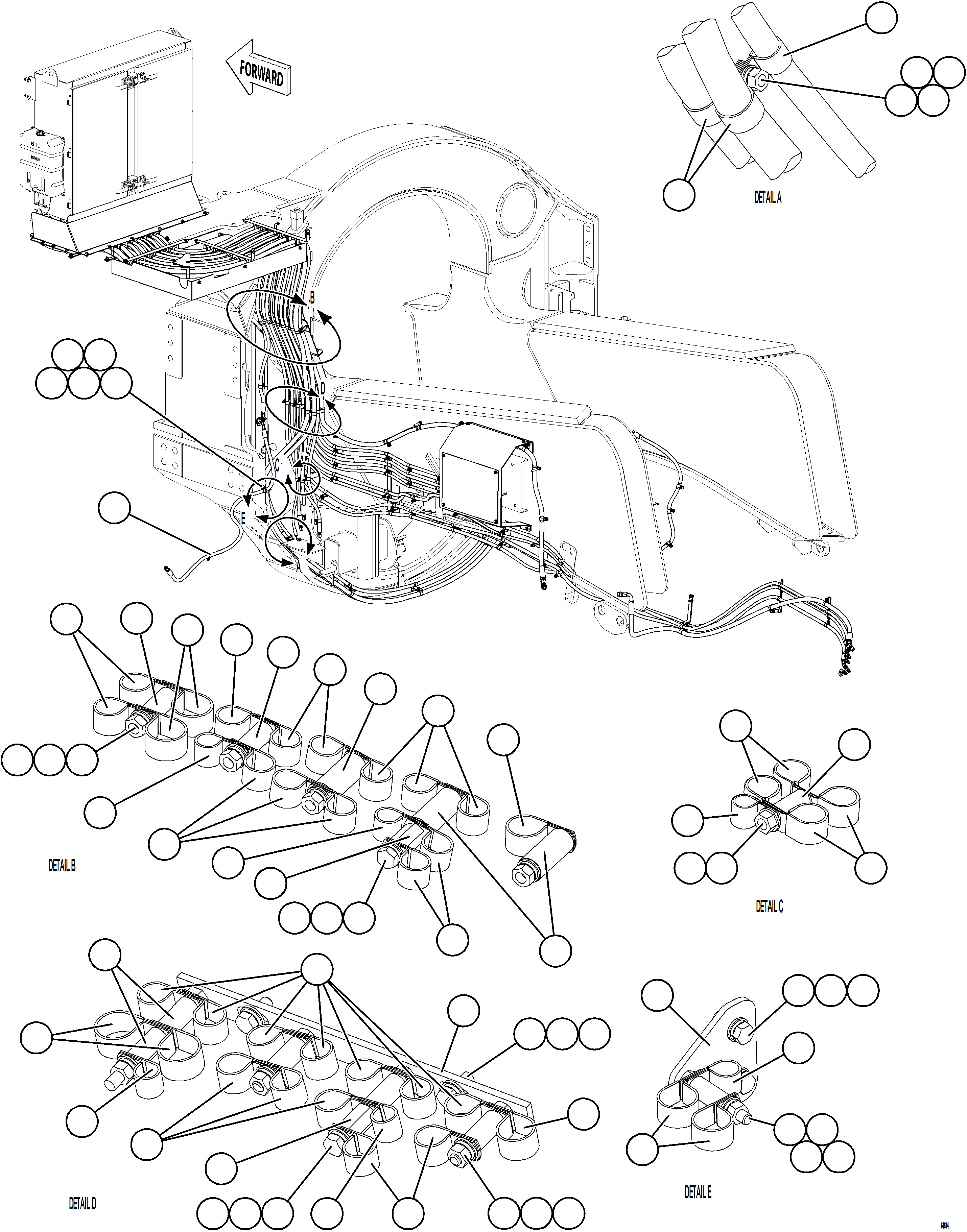 Komatsu parts book diagram for AFE78-AC 930E-5 S/N A40112, A40117, A40125  BLACKWATER: HYDRAULIC BRAKE CABINET HOSE CLAMPING    2/3