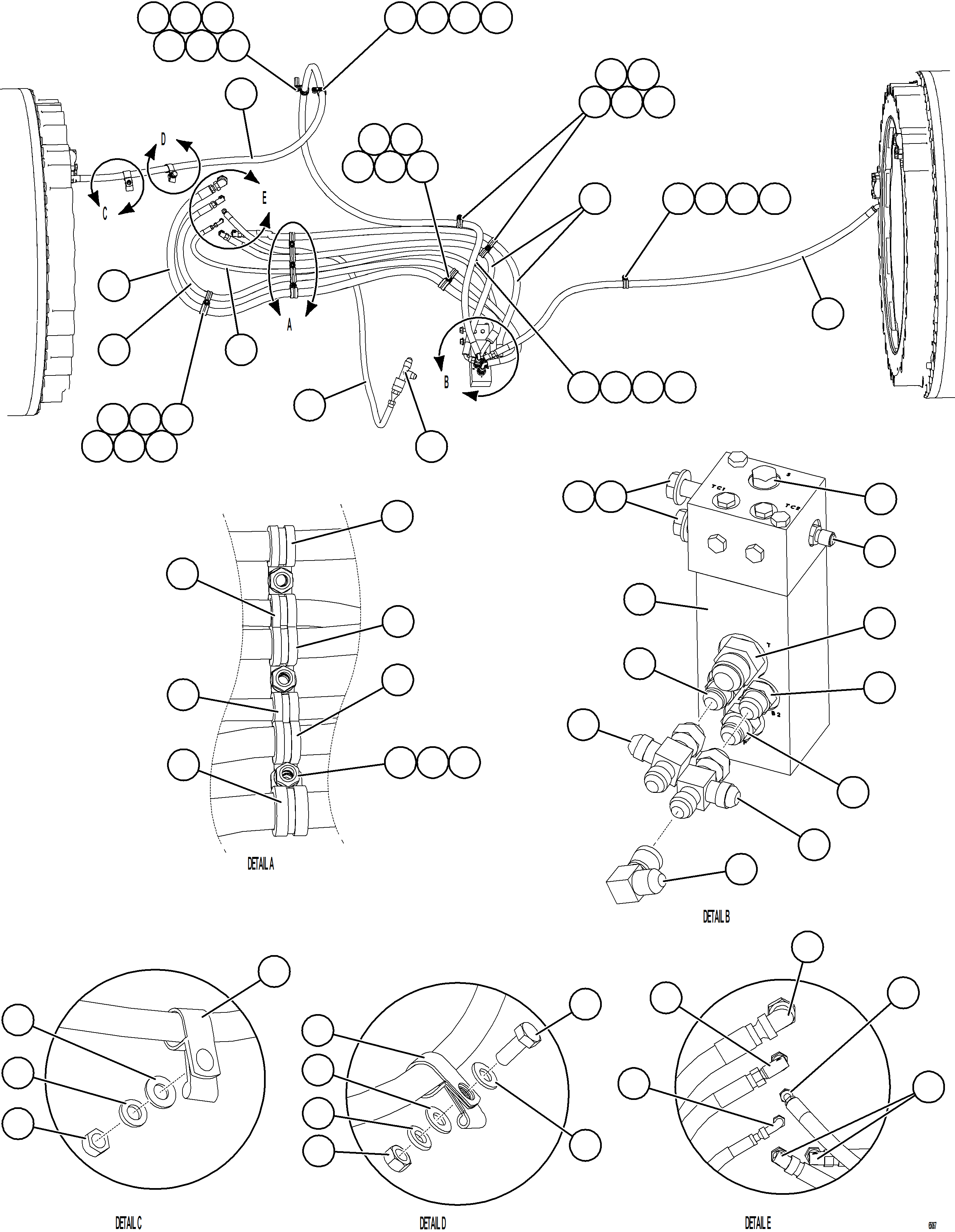 Komatsu parts book diagram for AFE78-AC 930E-5 S/N A40112, A40117, A40125  BLACKWATER: REAR BRAKE DUAL RELAY VALVE PIPING & INSTALLATION