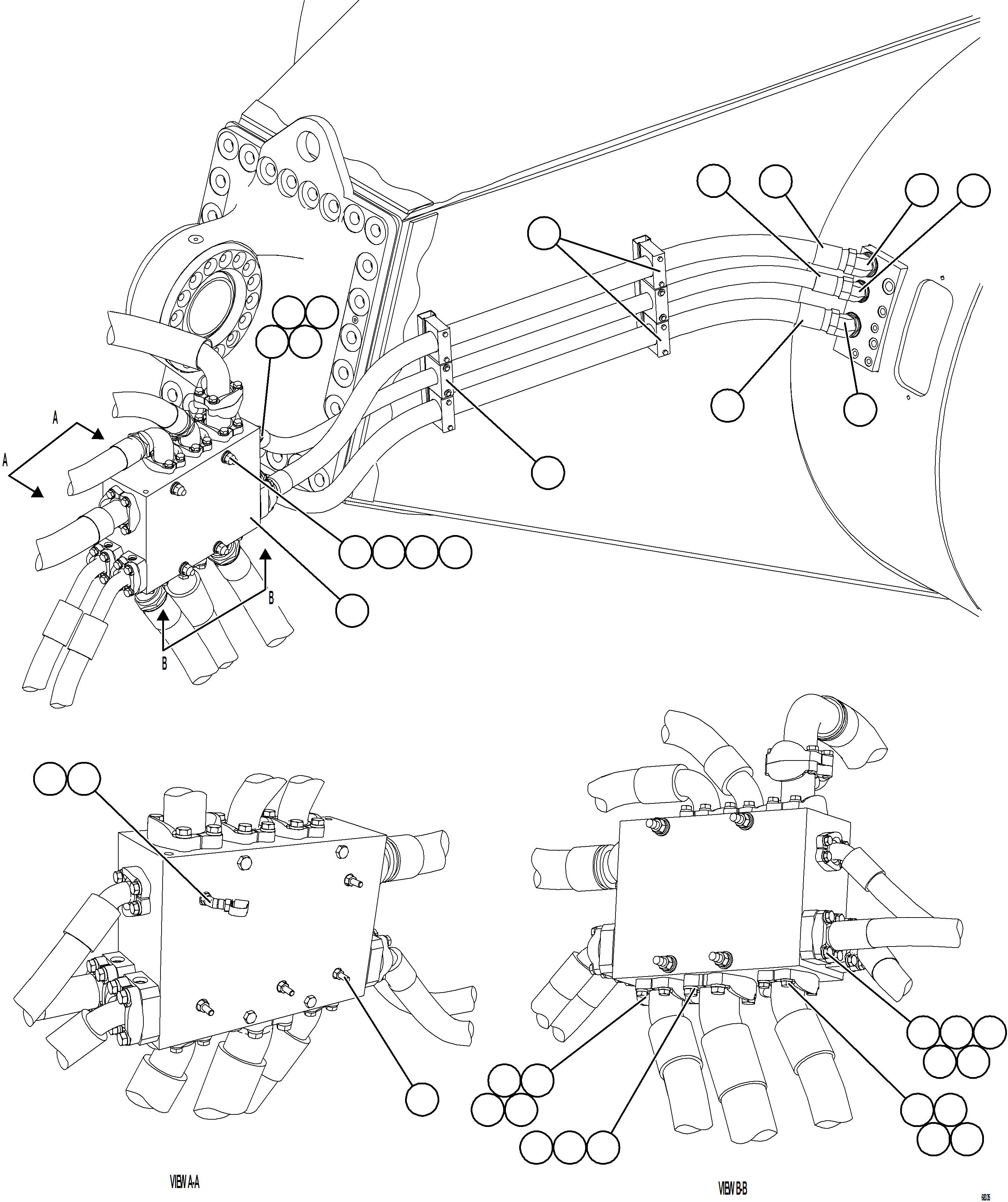 Komatsu parts book diagram for AFE78-BB 930E-5 S/N A40173 - A40175, A40181  LOMAS BAYAS: BRAKE COOLING/HOIST RETURN MANIFOLD INSTALLATION