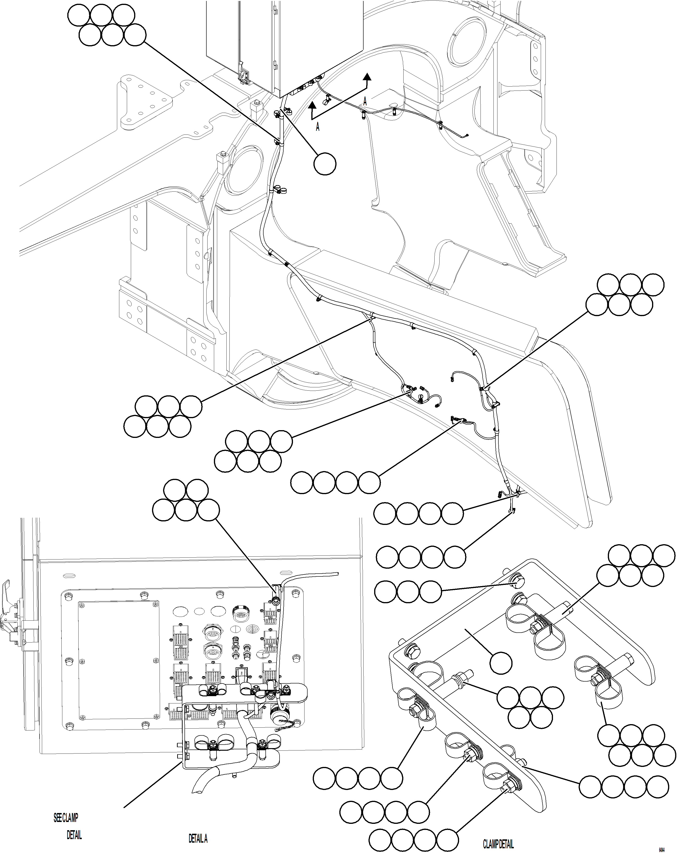Komatsu parts book diagram for AFE78-BP 930E-5 S/N A40221 - A40224,A40230 - A40231  THIESS: LEFT REAR FRAME RAIL HARNESS