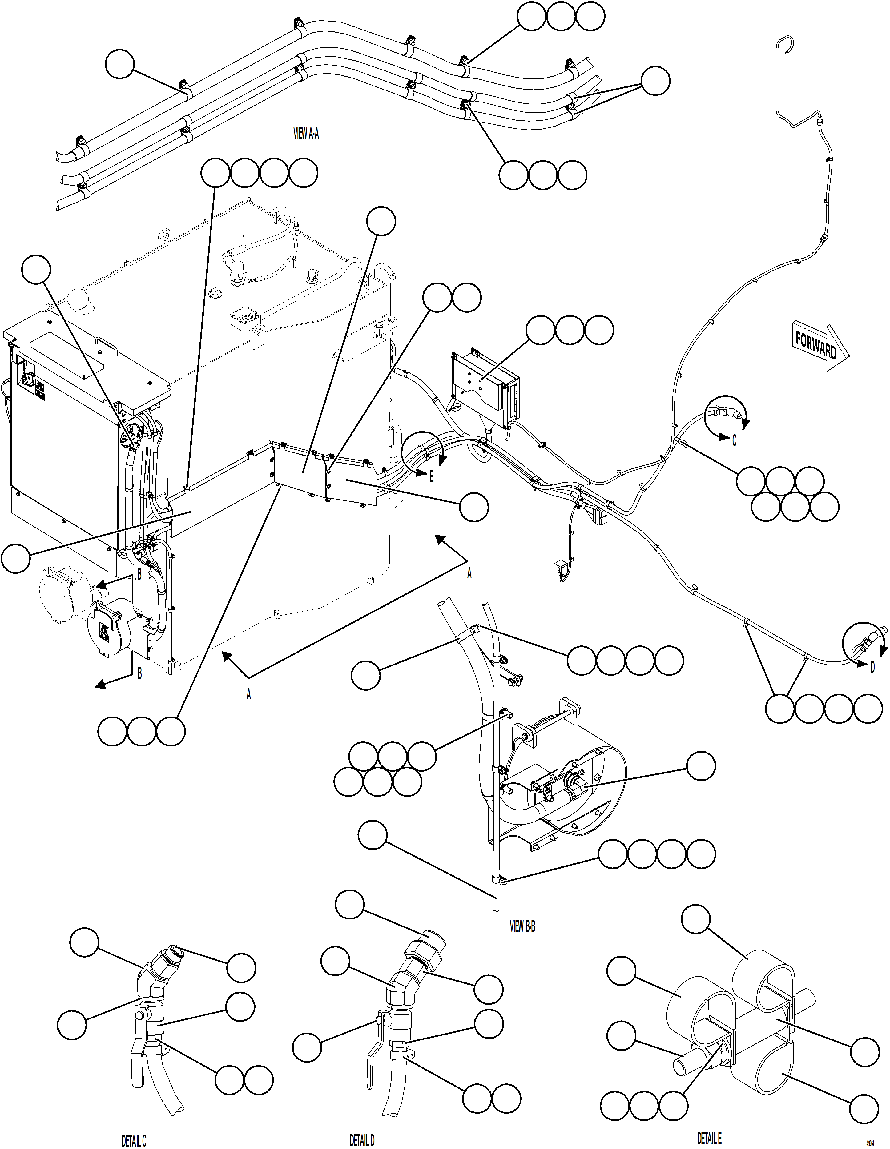 Komatsu parts book diagram for AFE78-ED 930E-5 S/N A40448 - A40450,A40460 - A40462,A40468 - A40470,A40477 - A40479,A40485 - A40487,A40492 - A40494  KW: DEF TANK RETURN AND SUPPLY PIPING