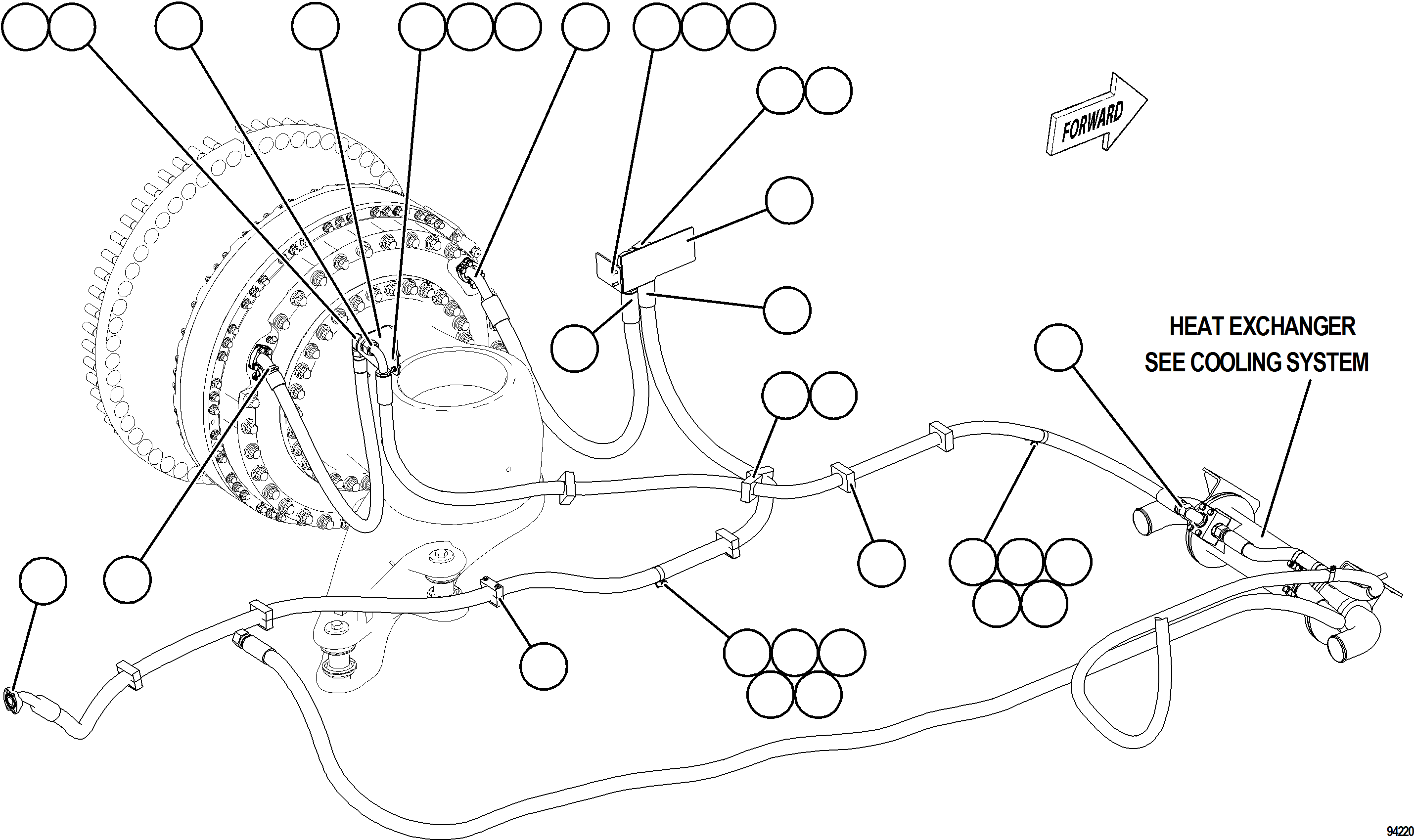 Komatsu parts book diagram for AFE78-ED 930E-5 S/N A40448 - A40450,A40460 - A40462,A40468 - A40470,A40477 - A40479,A40485 - A40487,A40492 - A40494  KW: BRAKE COOLING PIPING - LEFT FRONT    1/2