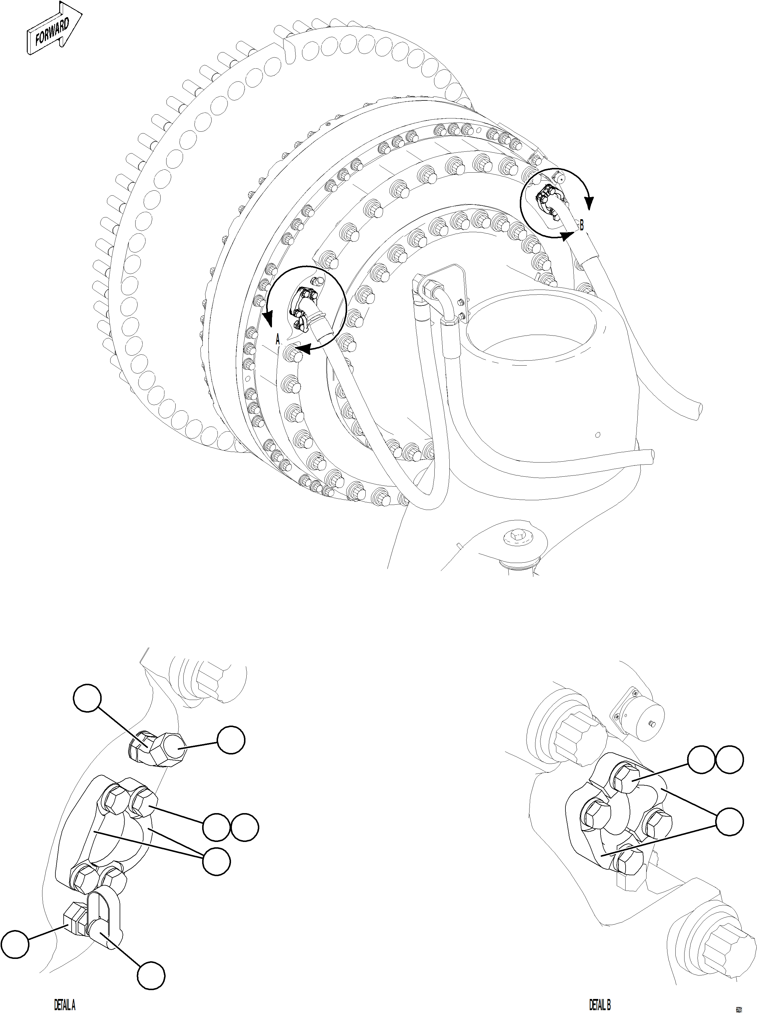 Komatsu parts book diagram for AFE78-ED 930E-5 S/N A40448 - A40450,A40460 - A40462,A40468 - A40470,A40477 - A40479,A40485 - A40487,A40492 - A40494  KW: BRAKE COOLING PIPING - LEFT FRONT    2/2