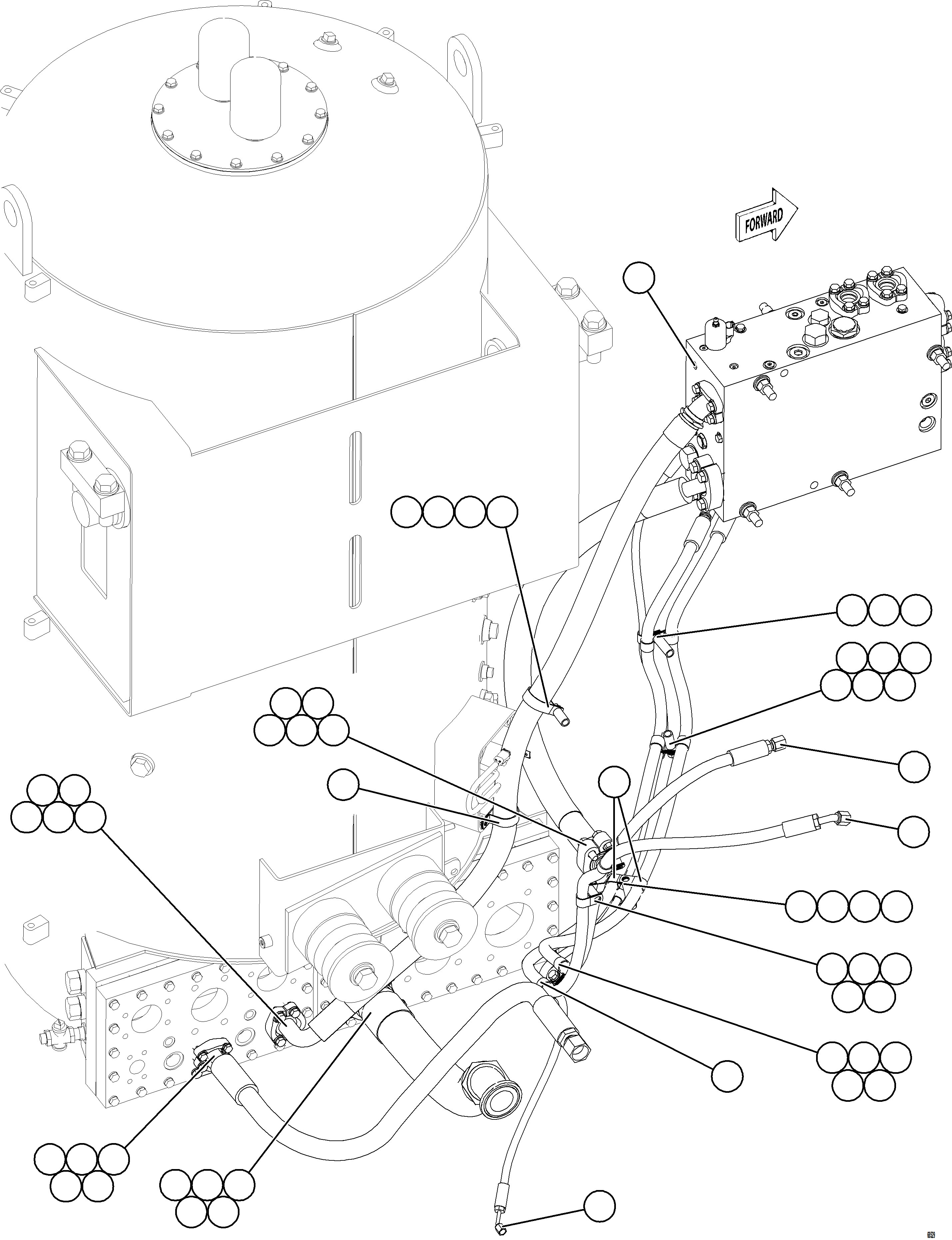 Komatsu parts book diagram for AFE78-ED 930E-5 S/N A40448 - A40450,A40460 - A40462,A40468 - A40470,A40477 - A40479,A40485 - A40487,A40492 - A40494  KW: STEERING BLEEDDOWN MANIFOLD PIPING    3/3