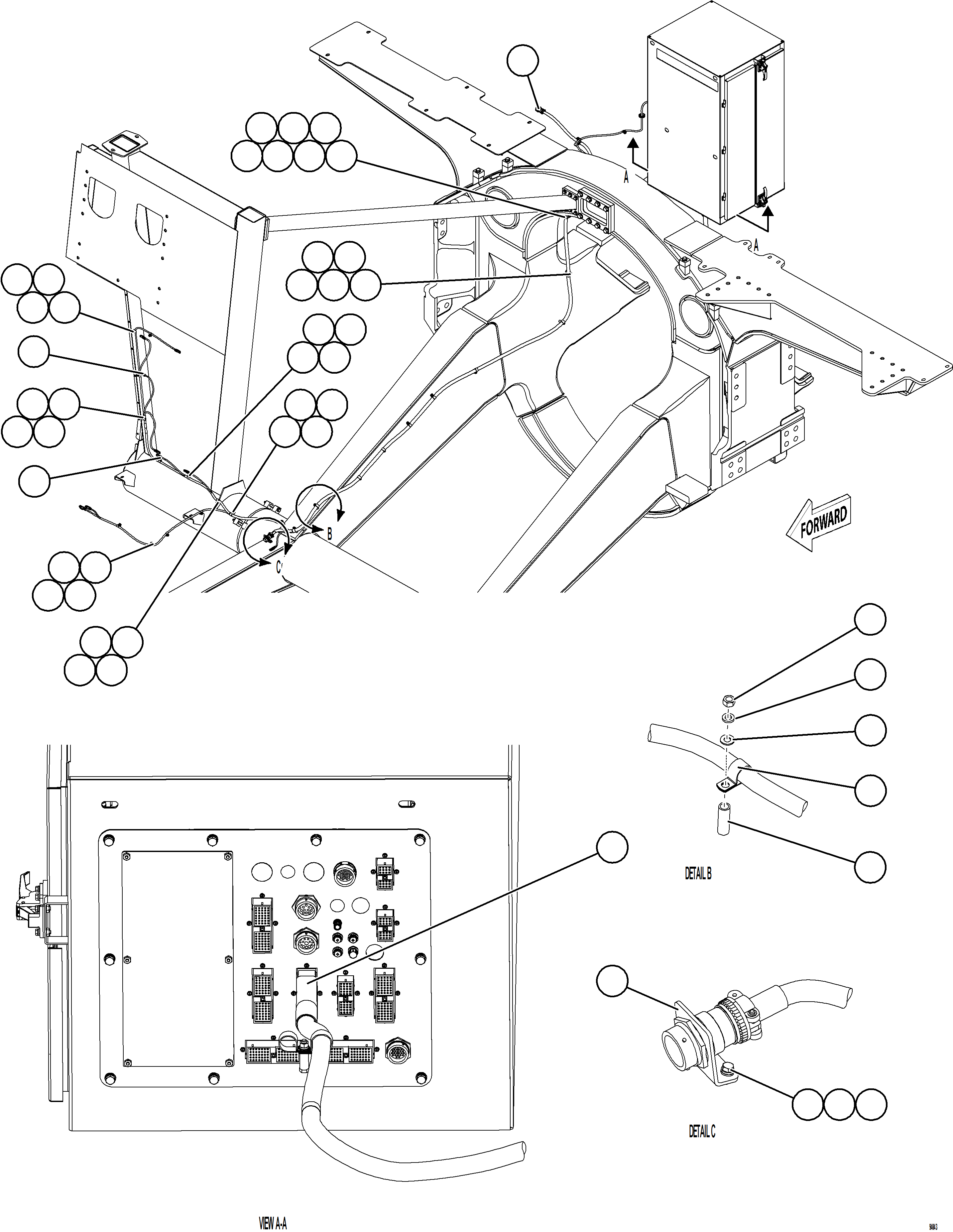 Komatsu parts book diagram for AFE78-EM 930E-5 S/N A40502 - A40505  KSA: RIGHT FRONT FRAME RAIL HARNESS