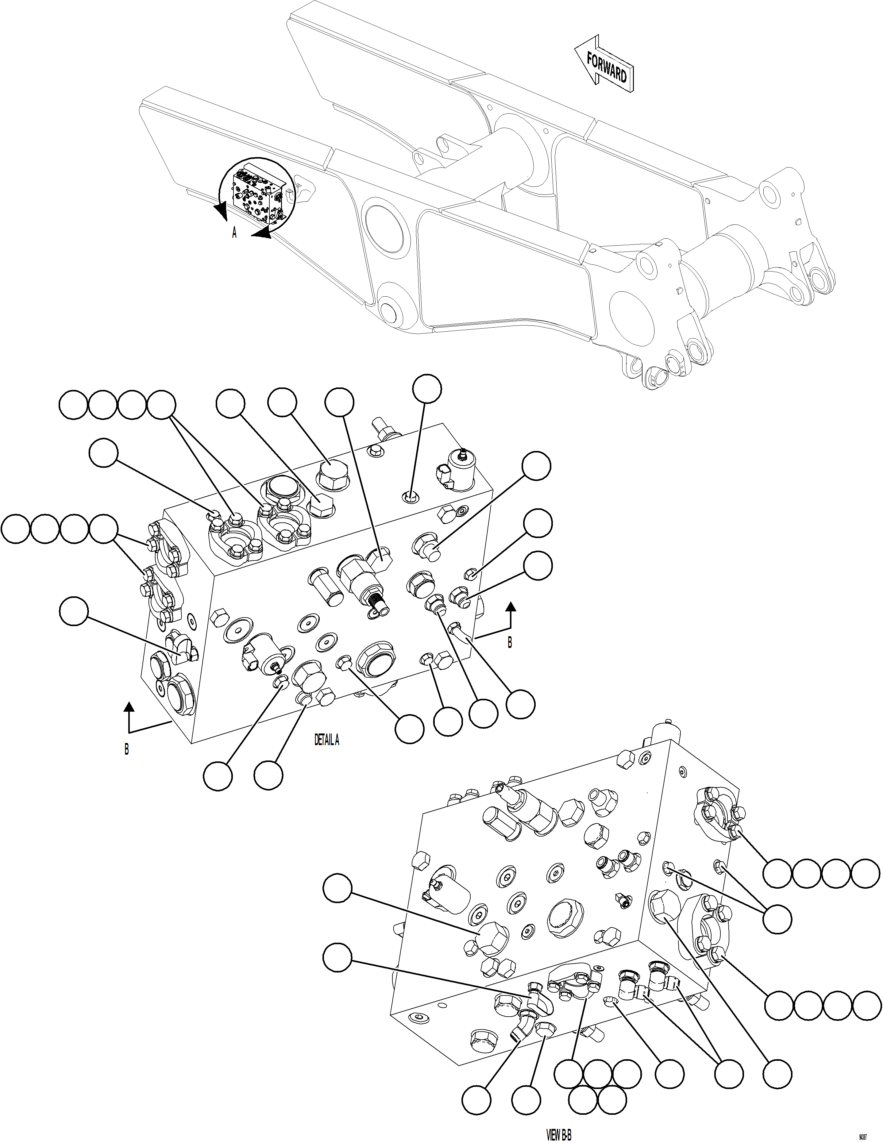 Komatsu parts book diagram for AFE78-EM 930E-5 S/N A40502 - A40505  KSA: STEERING BLEEDDOWN MANIFOLD PIPING    1/3