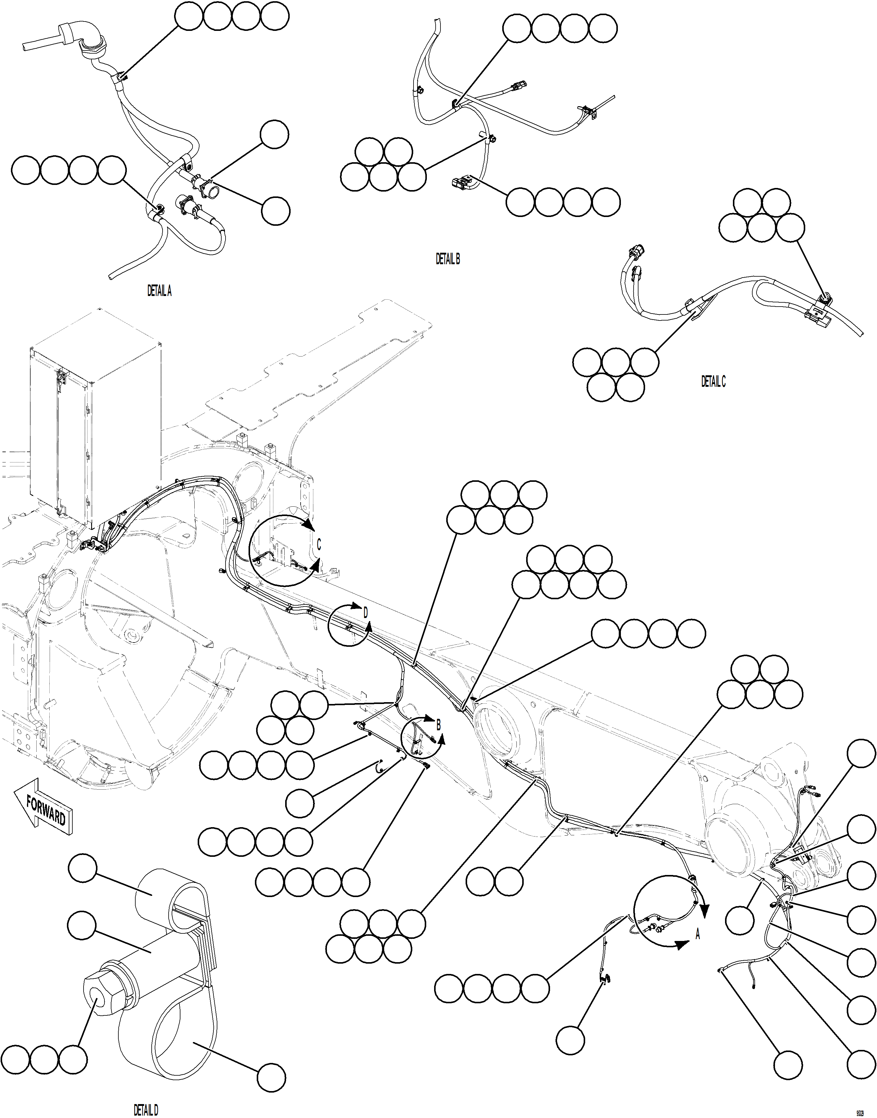 Komatsu parts book diagram for AFE78-FD 930E-5 S/N A40629 - A40631  KSA: RIGHT REAR FRAME RAIL HARNESS