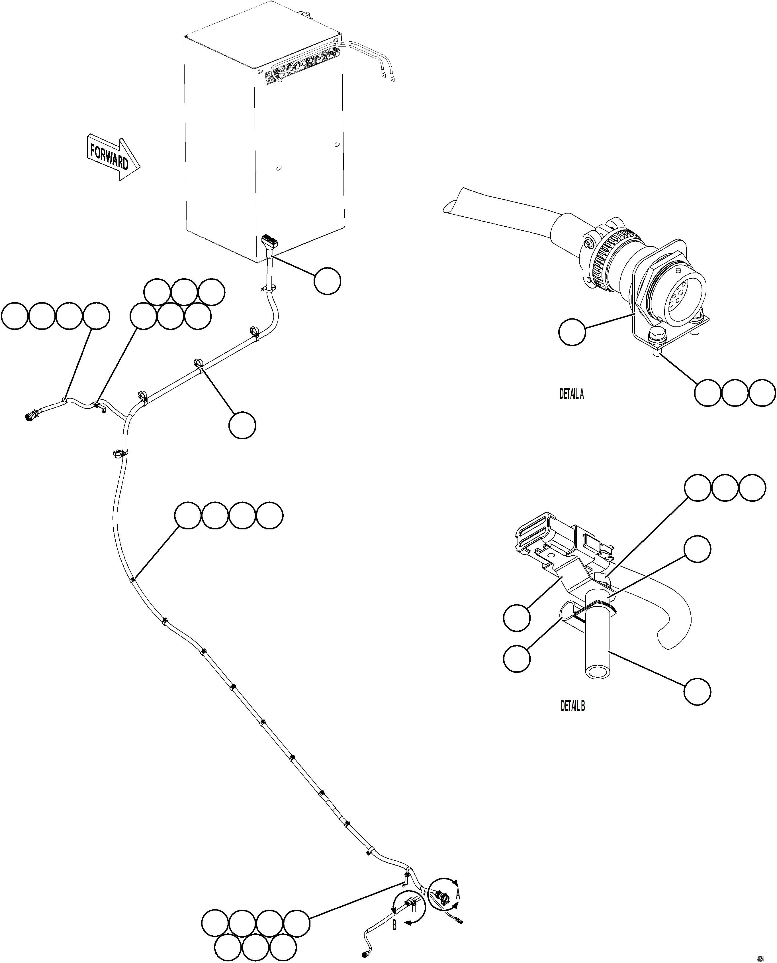 Komatsu parts book diagram for AFE84-M 730E-10 S/N A50047 - A50048  KAL: RIGHT FRONT FRAME RAIL HARNESS    1/2