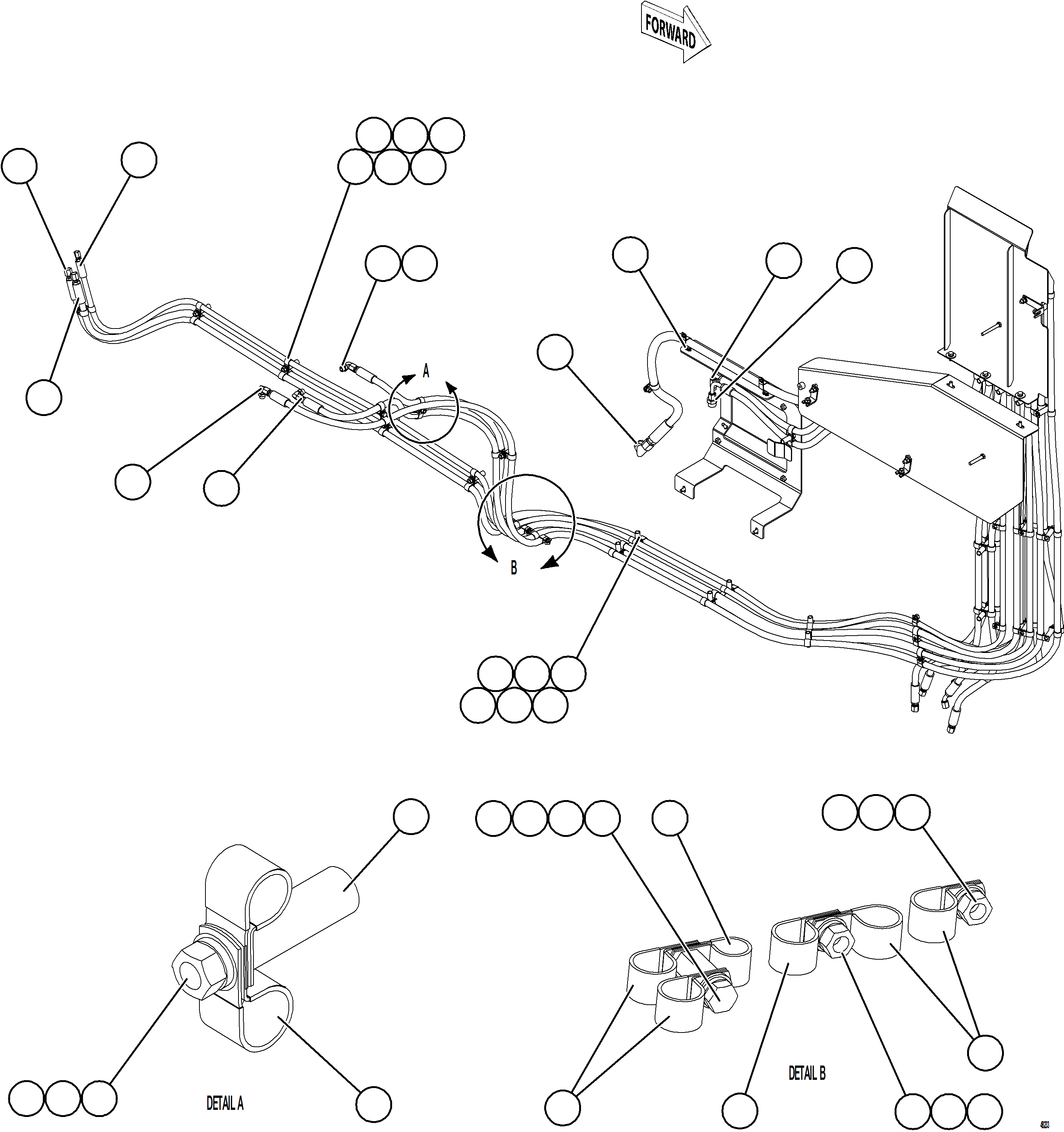 Komatsu parts book diagram for AFE84-M 730E-10 S/N A50047 - A50048  KAL: HYDRAULIC BRAKE CABINET HOSE CLAMPING    2/3