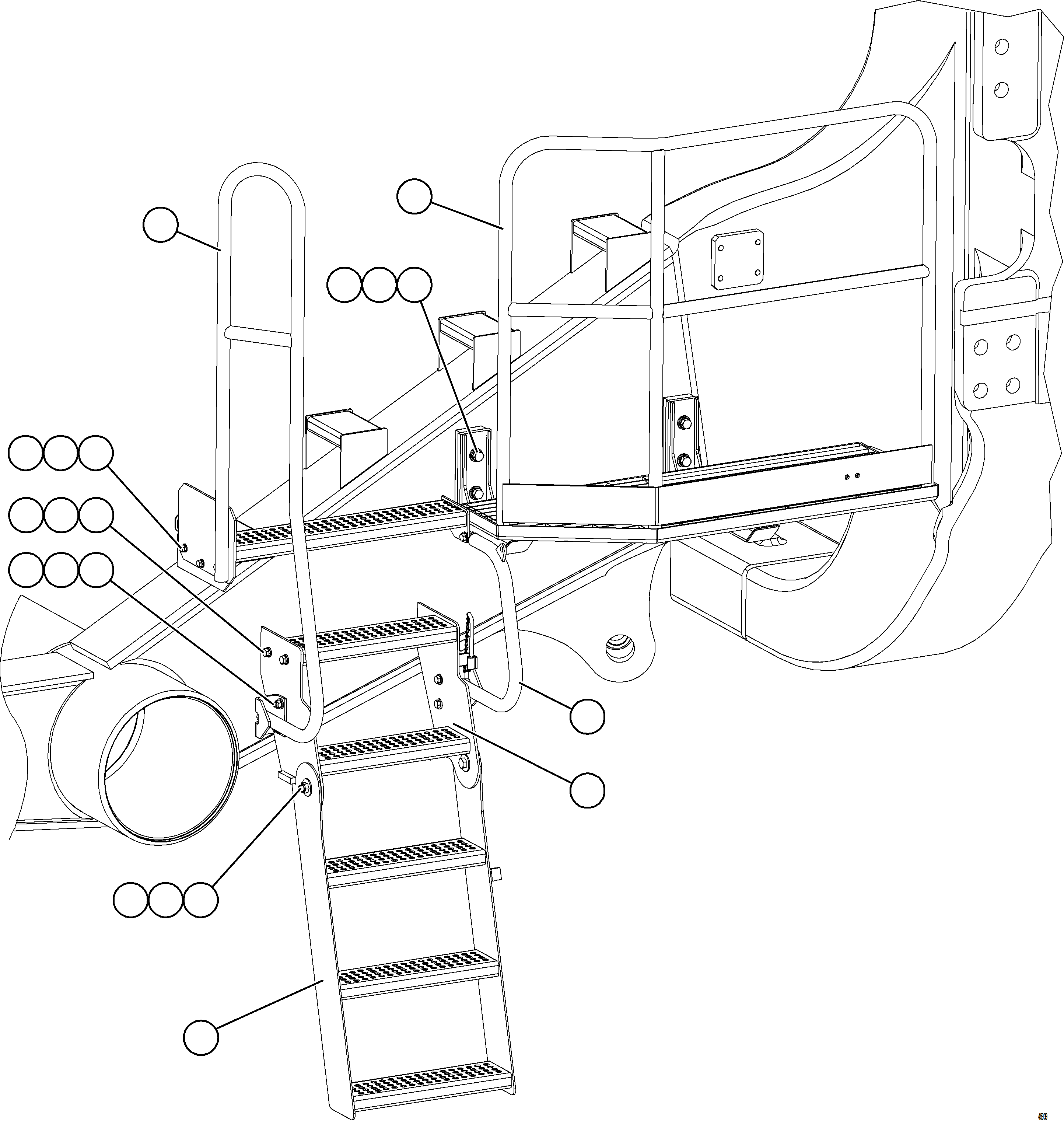 Komatsu parts book diagram for AFE84-M 730E-10 S/N A50047 - A50048  KAL: LH ENGINE ACCESS LADDER & HANDRAILS