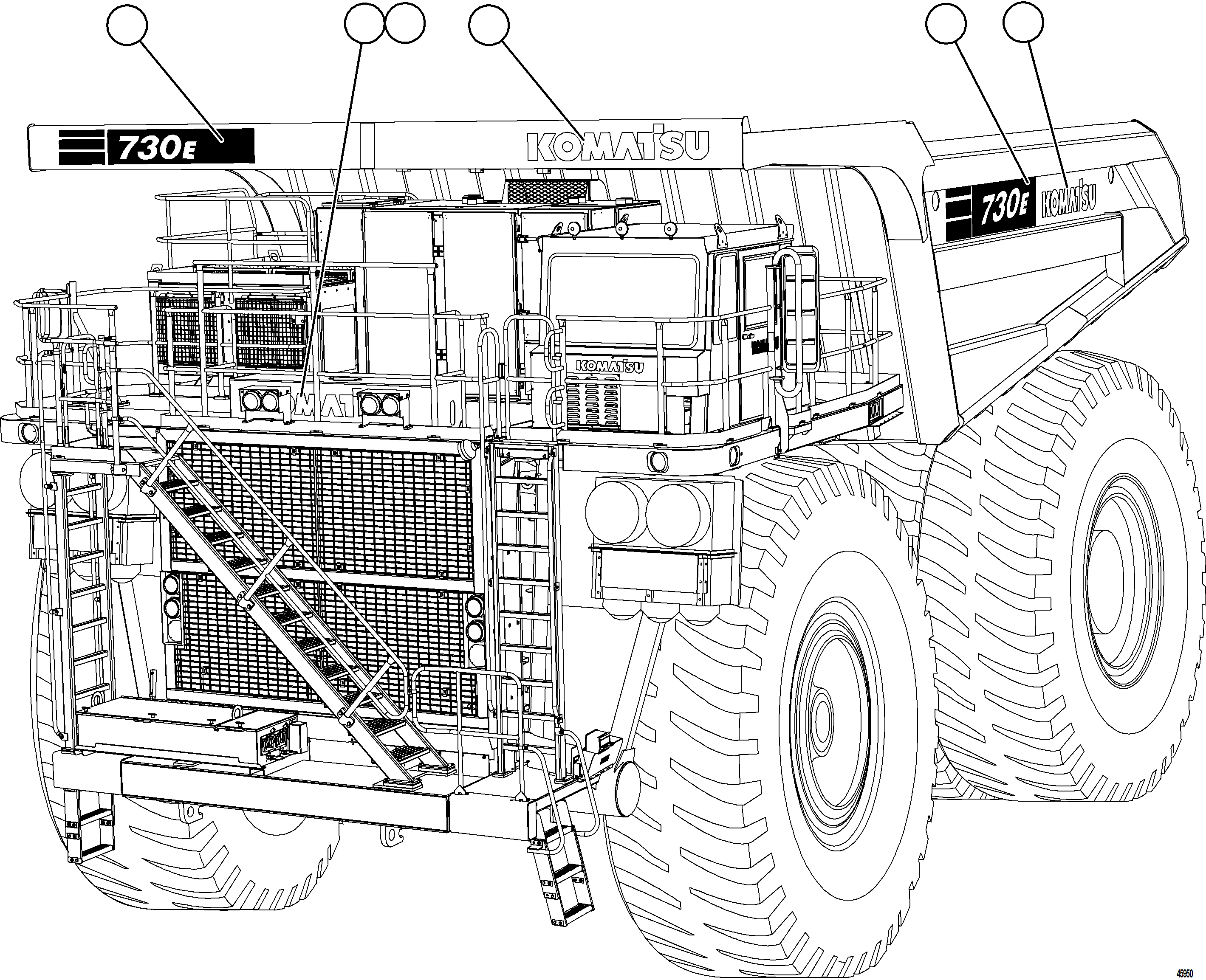 Komatsu parts book diagram for AFE84-P 730E-10 S/N A50051 - A50054  KAL: TRUCK DECALS