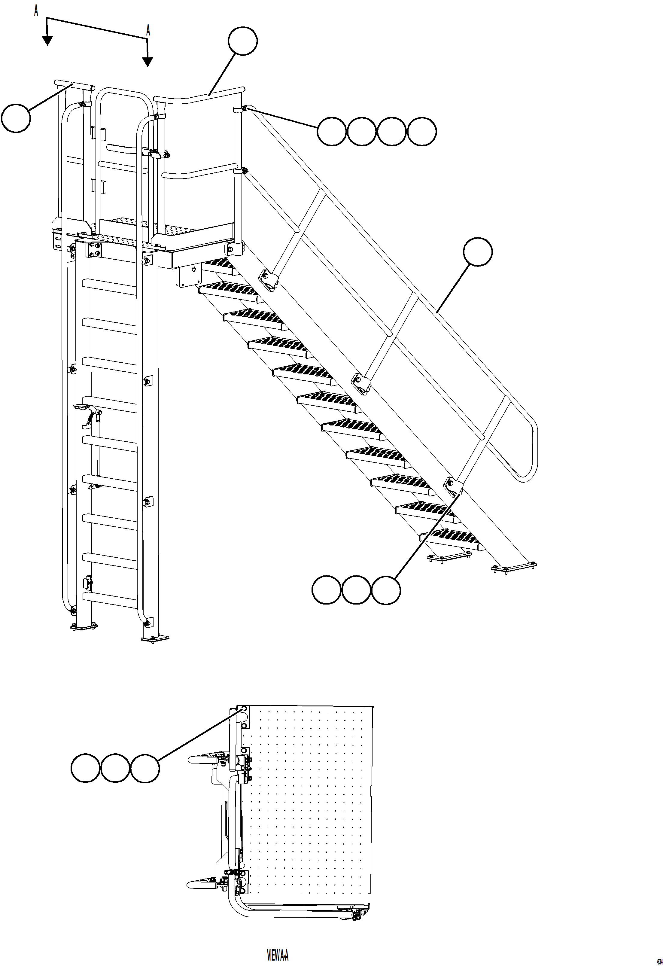 Komatsu parts book diagram for AFE84-R 730E-10 S/N A50056 - A50058  KSA: DIAGONAL LADDER & UPPER PLATFORM HANDRAILS