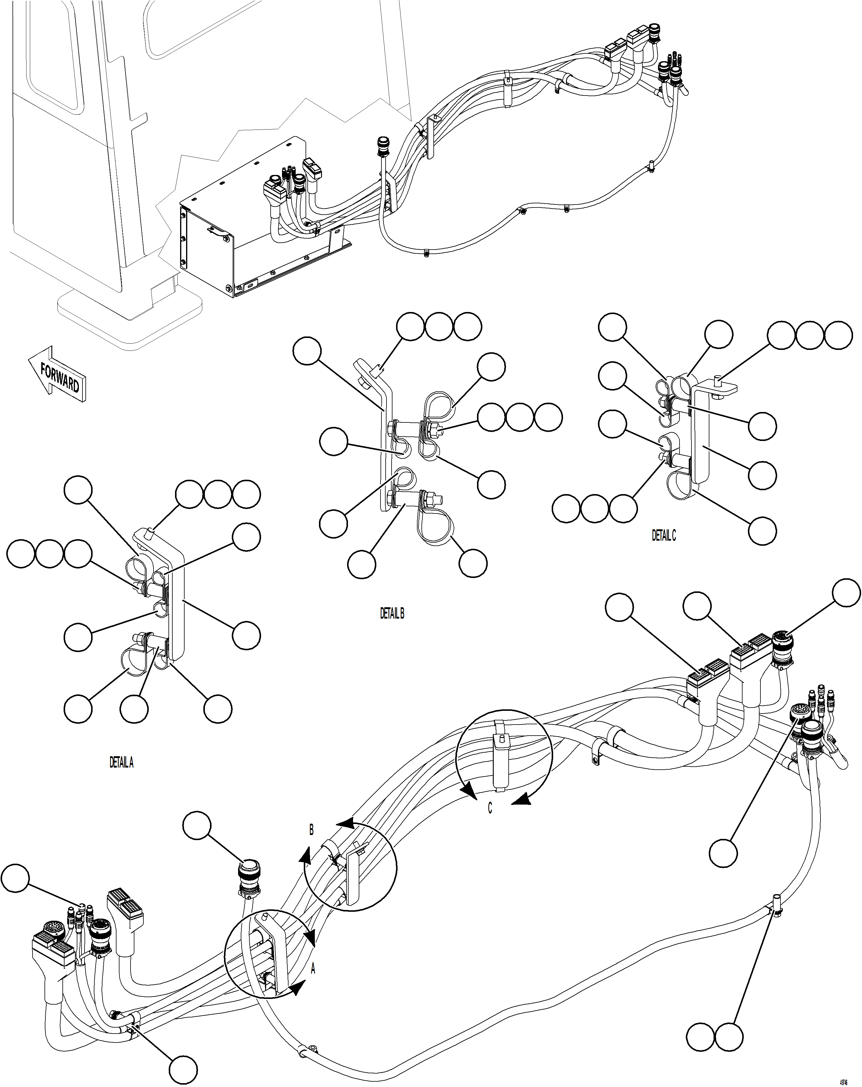 Komatsu parts book diagram for AFE92-D 980E-5SE S/N A60019  KMMP: AUX CTRL CABINET CABLE & HARNESS CONNECTIONS