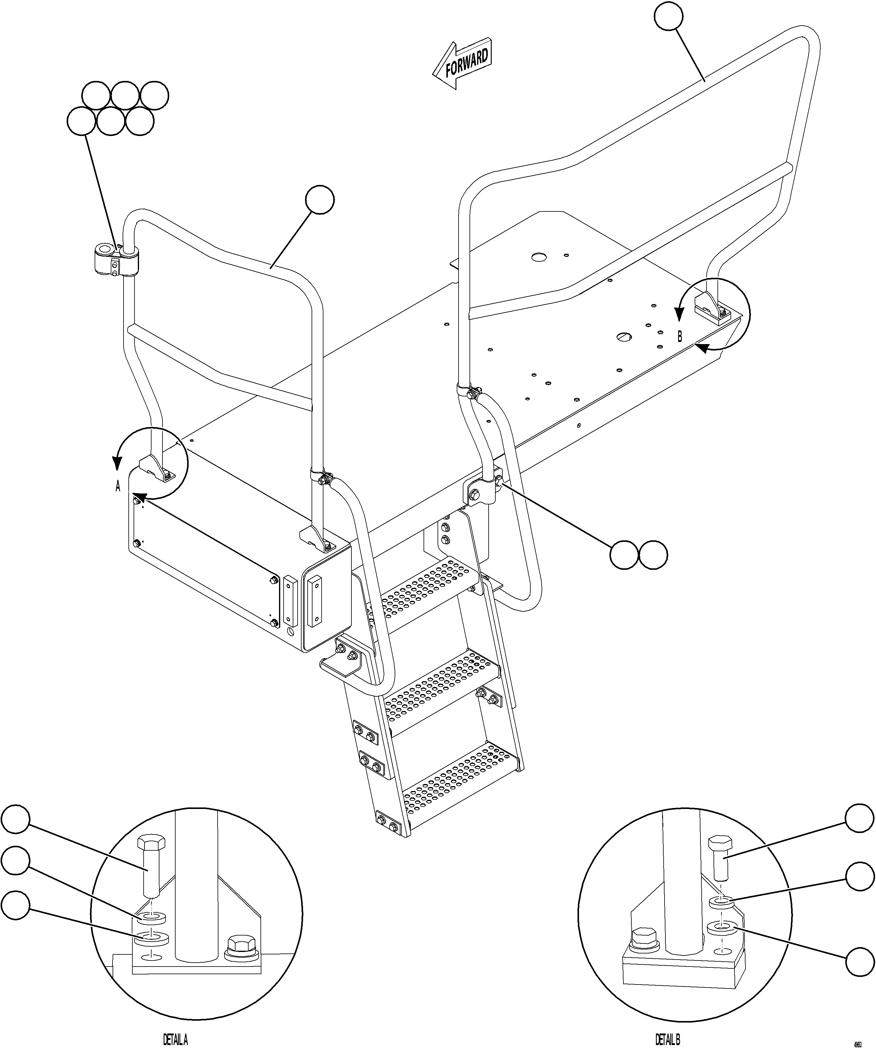 Komatsu parts book diagram for AFE92-D 980E-5SE S/N A60019  KMMP: LH LOWER PLATFORM HANDRAILS