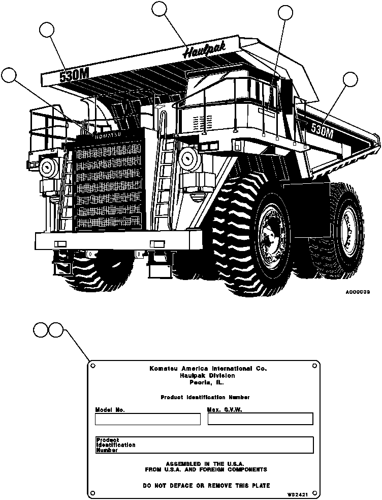 Komatsu parts book diagram for AFP49-A thru E  530M  S/N A30001-A30008 (DH627-0): DECALS AND WARNINGS - 3