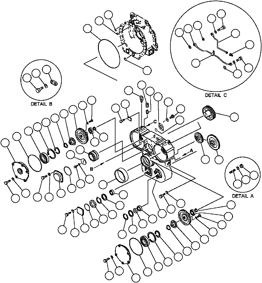 Komatsu parts book diagram for AFP49-A thru E  530M  S/N A30001-A30008 (DH627-0): FRONT HOUSING & P.T.O. DRIVES